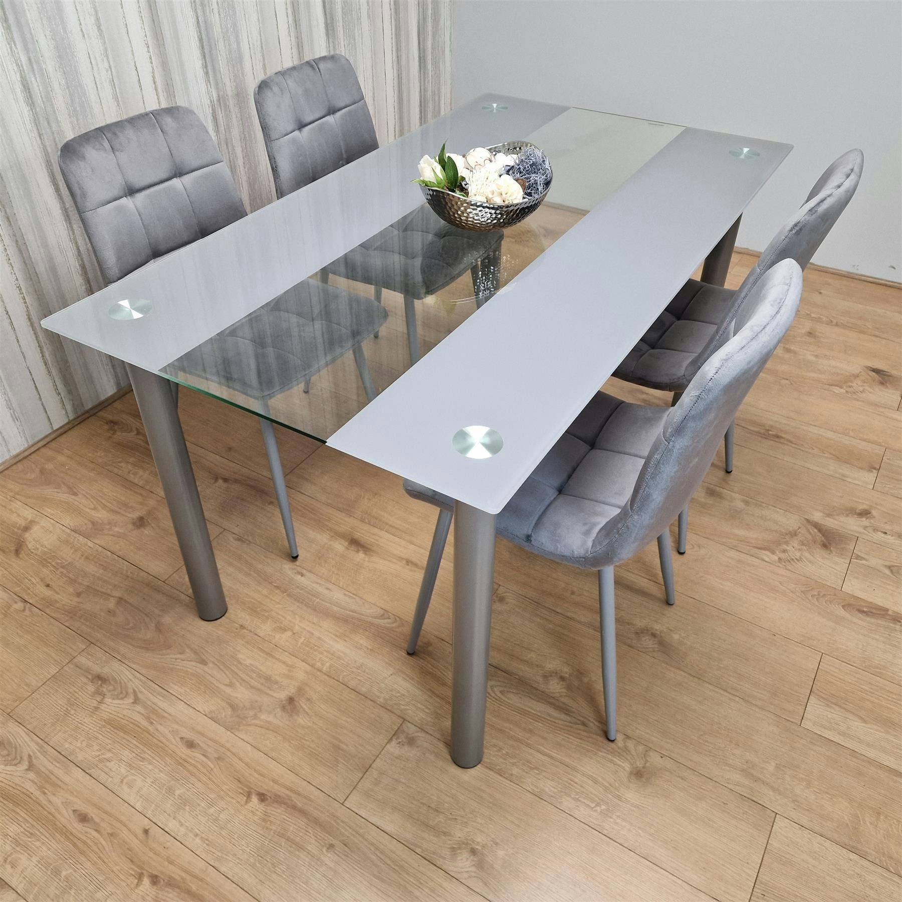 Kosy Koala 4 Seater Dining Set - Glass Top - Grey Velvet Chairs - Image 3