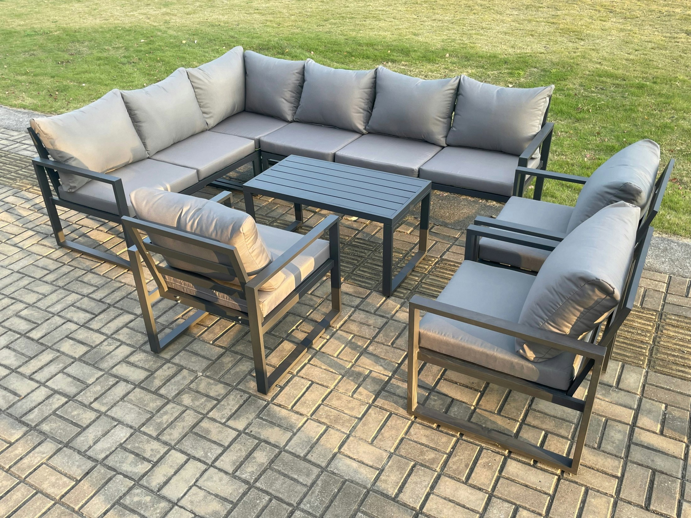 Fimous Dark/Grey Aluminium Garden Furniture Set Outdoor Indoor Lounge Corner Sofa 3 Pcs Chair Oblong Coffee Table Sets 9 Seater