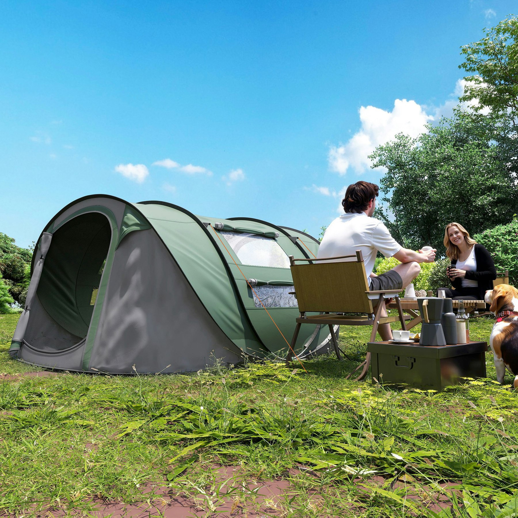 Outsunny Dark/Green Camping Tent Dome Pop-Up Tent With Windows For 4-5 Person