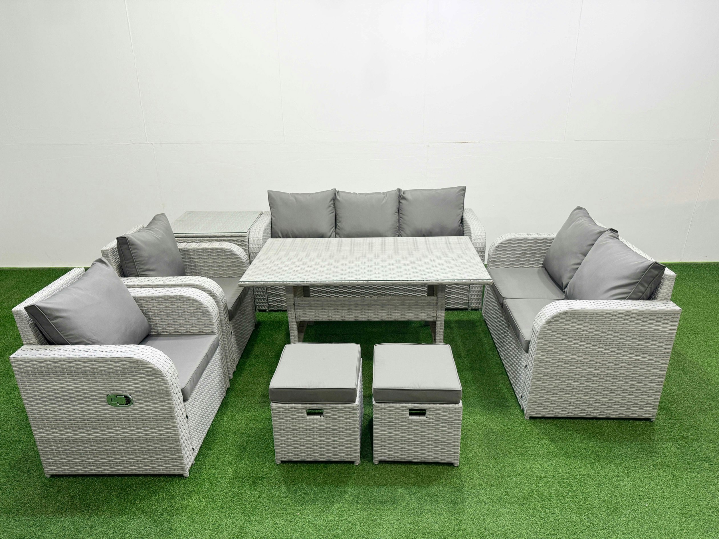 Rackhams Light/Grey Pe Rattan Outdoor Lounge Set - Reclining Chair, Double Loveseat, Rectangular Dining Table, 2 Stools & Side Table