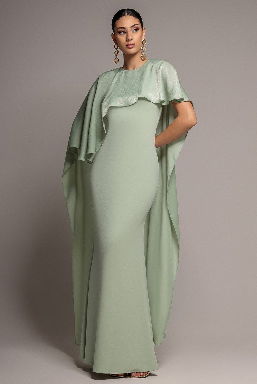 Goddiva Women's Pale Green Scoop Neck Velvet Satin Cape Sleeve Maxi Dress In | : Size 12 - Image 2