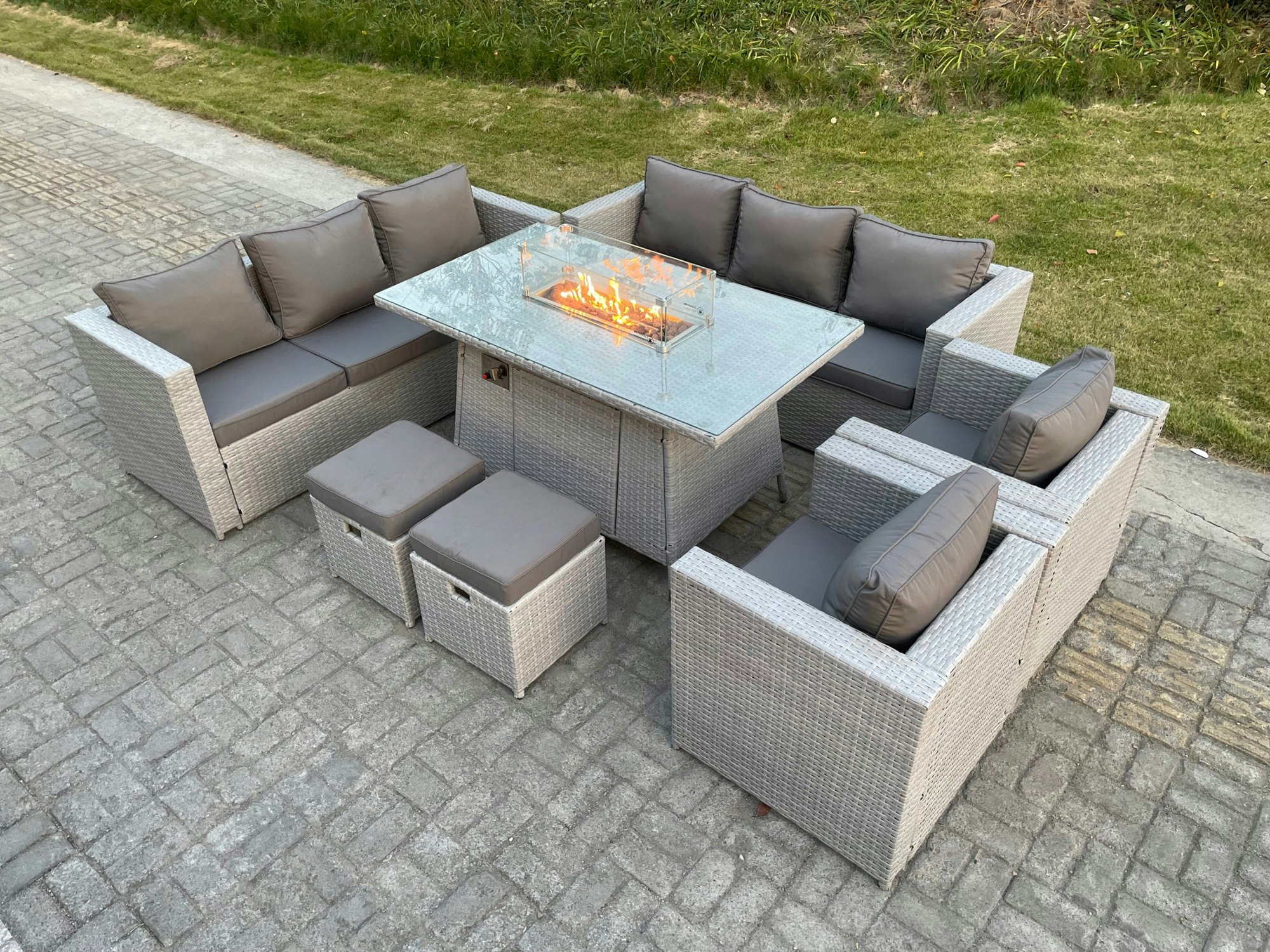 Rackhams Light/Grey Rattan Fire Pit Dining Set Garden Furniture Set Gas Heater Burner Lounge Sofa Dining Set Chairs Stools