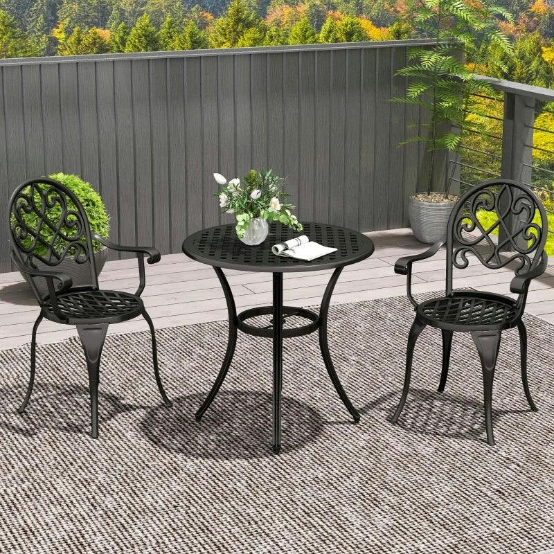 Outsunny Unisex Black 3Pcs Garden Aluminium Table Set, Bistro Set Round Table 2 Chairs In - Image 4