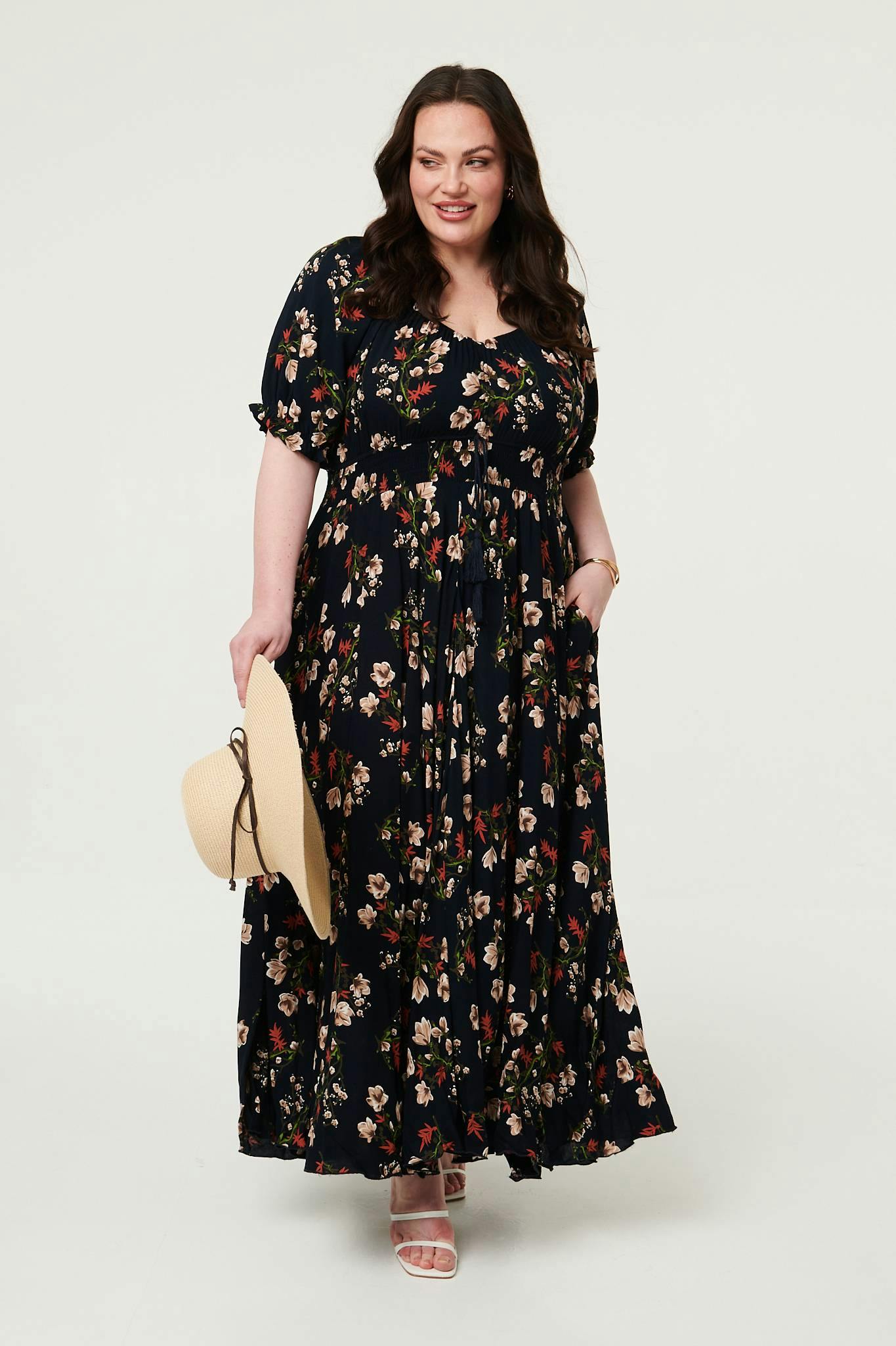 Izabel London Curve Floral Bardot Empire Maxi Dress - 20 - Navy