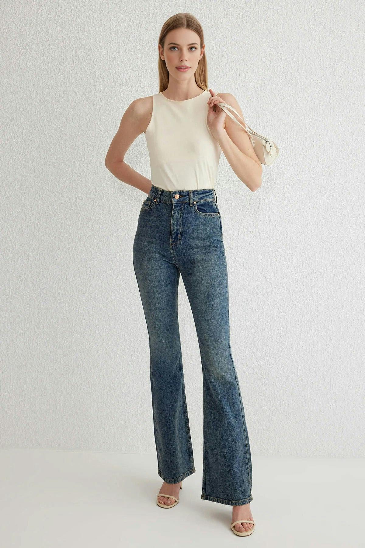 Wovcor Dark/Blue High Waist Flare Jeans - 14