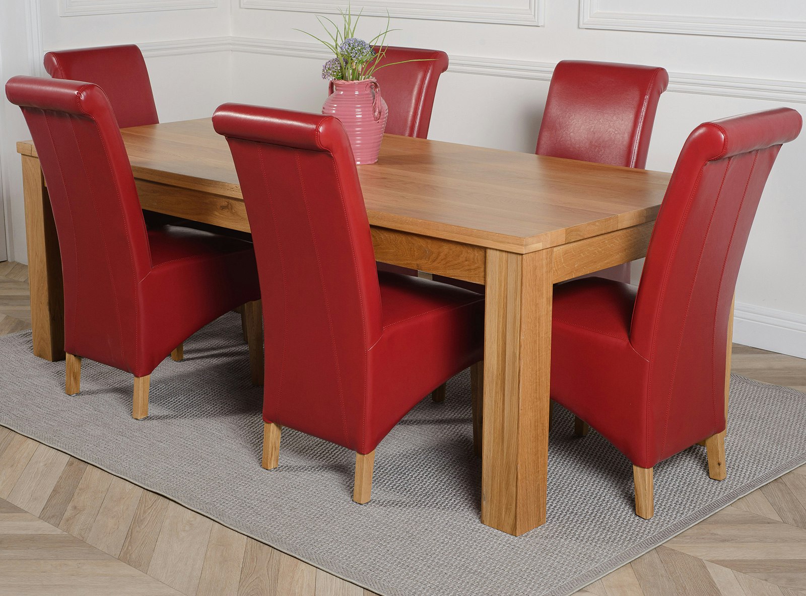 Rackhams Burgundy Dakota Extra Large Oak Dining Table With Montana Leather Chairs - 6 Chairs