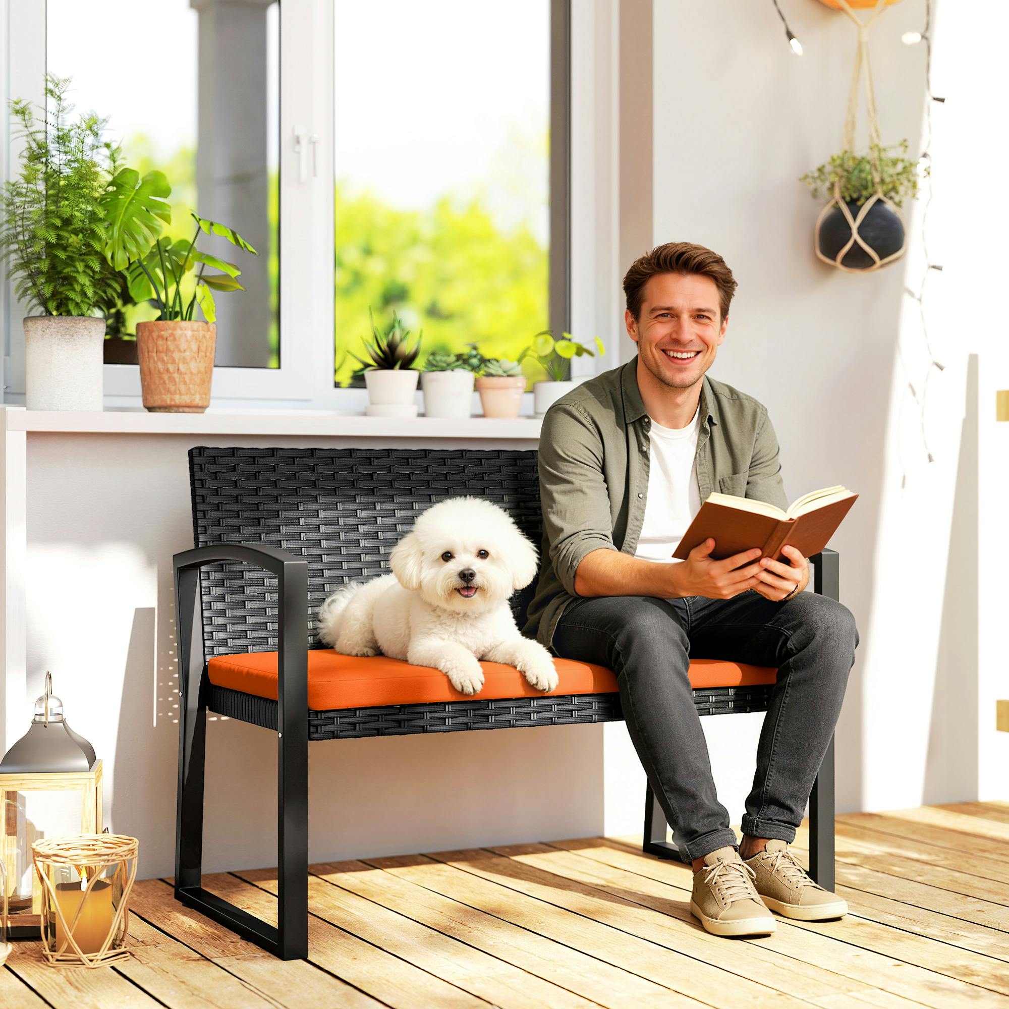 Outsunny Orange 2 Seater Rattan Garden Bench With Cushion, Steel Frame,