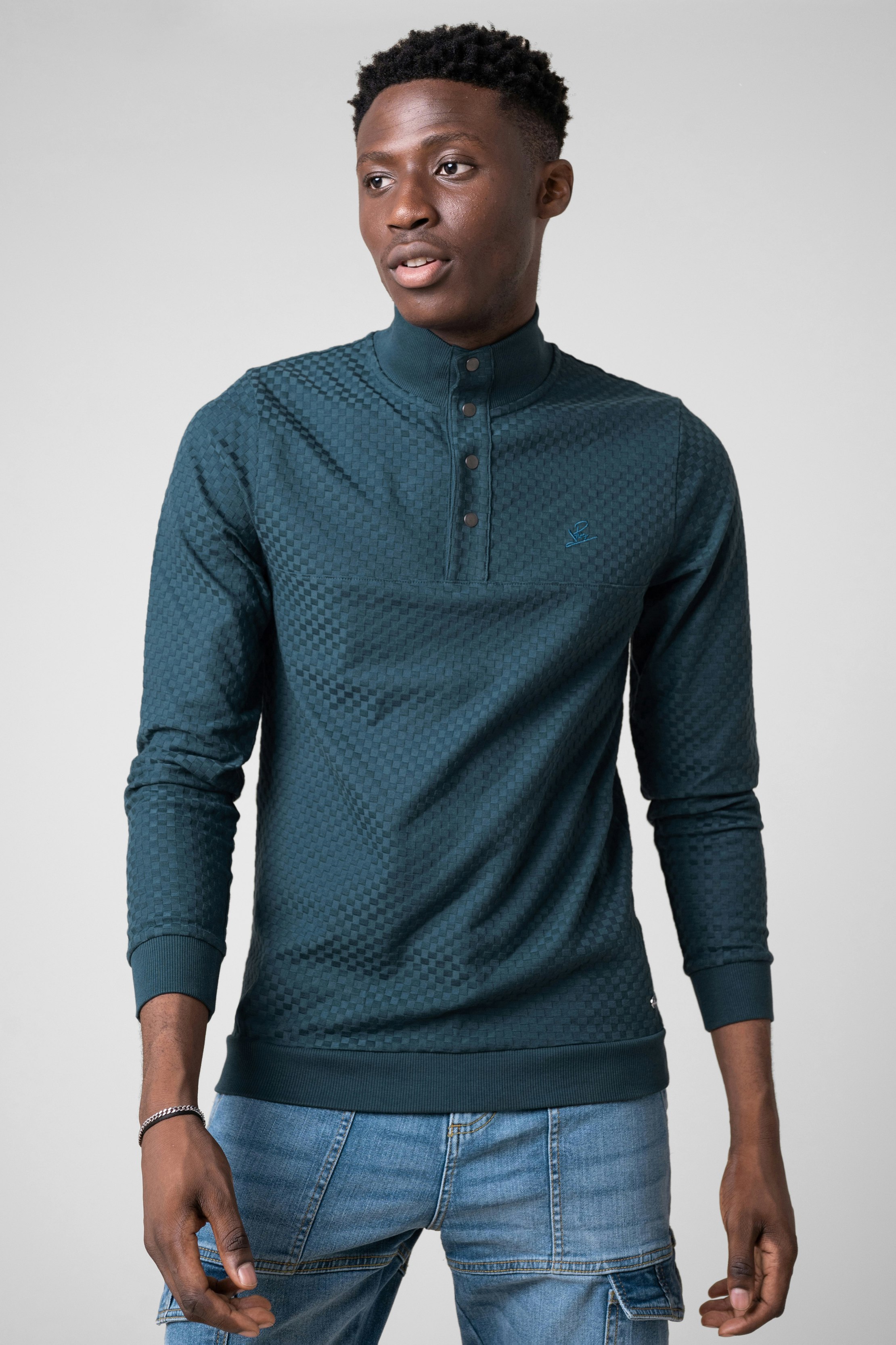 Enorsia Textured Pattern High Neck Sweatshirt - Xl - Teal - 94% Cotton, 6% Elastane