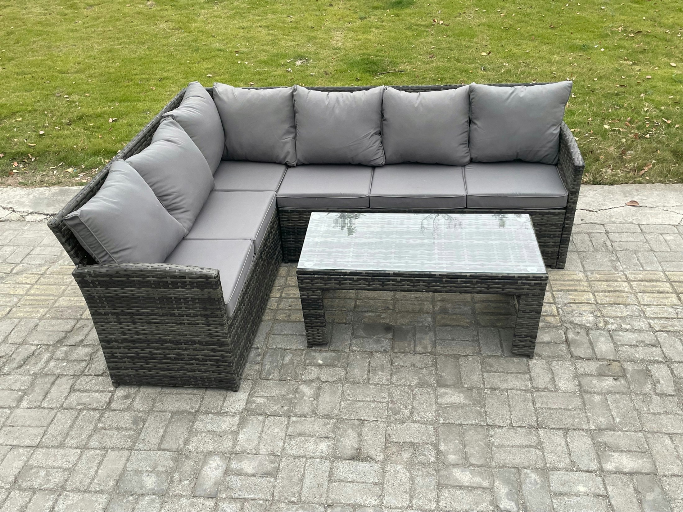 Fimous Dark/Grey 6 Seater Outdoor Rattan Garden Furniture Set Corner Sofa Oblong Coffee Table Sets Mixed