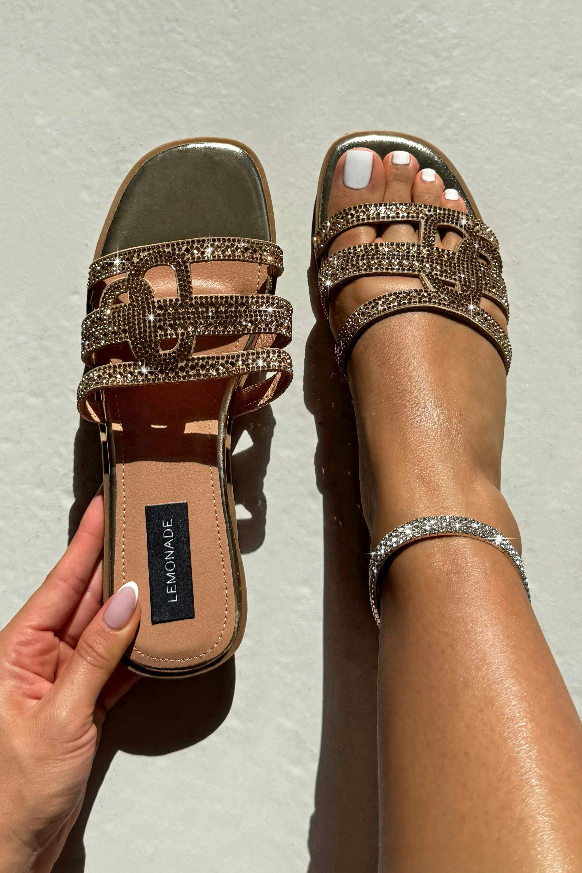 Love Lemonade Women's Gold Crystal Coastline Sliders - Uk 6 - Eu 39 - Us 8