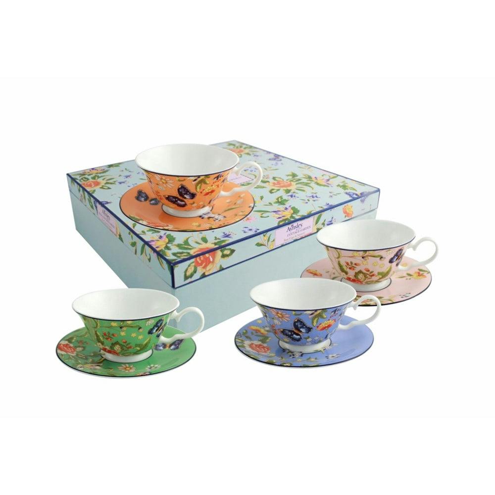 Aynsley China Pink/Blue/Orange Aynsley Cottage Garden Windsor Tea Cup & Saucer Set