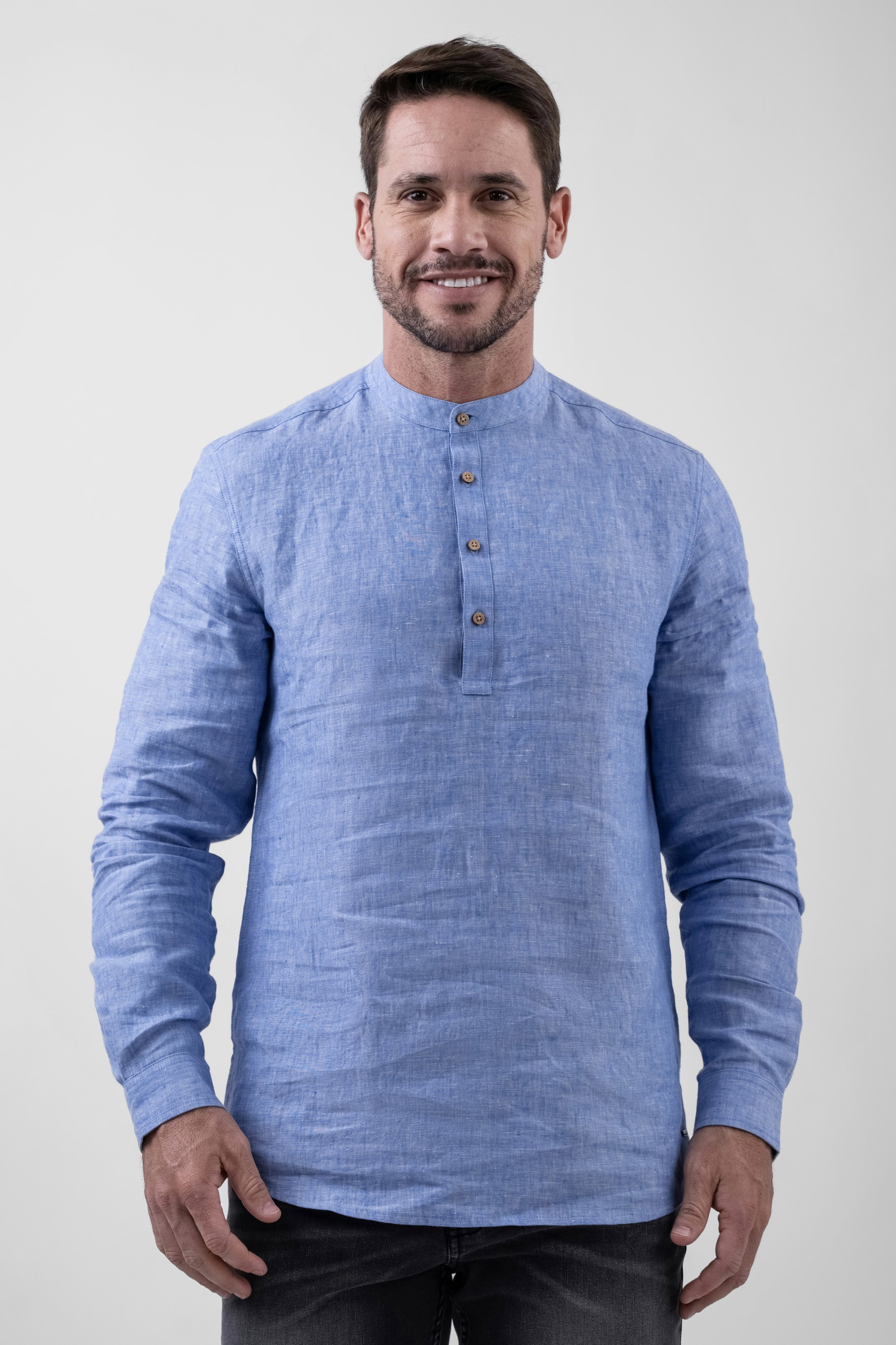 Enorsia Men's Blue Band Collar Linen Shirt - L - 100% Linen Plain
