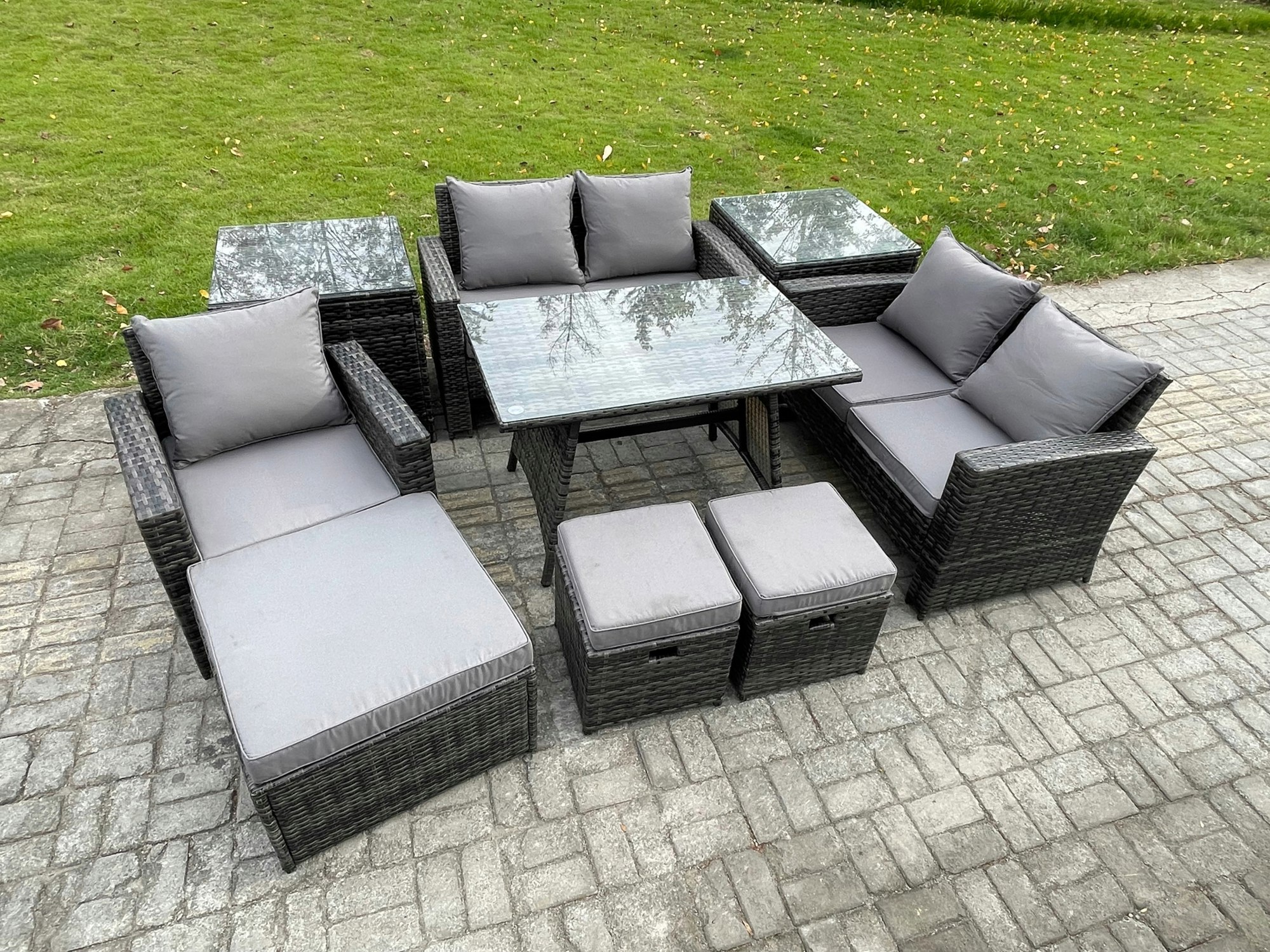 Fimous Dark/Grey Garden Dining Set - Mixed Pe Wicker Rattan Outdoor Sofa With Rectangular Dining Table & 3 Footstools