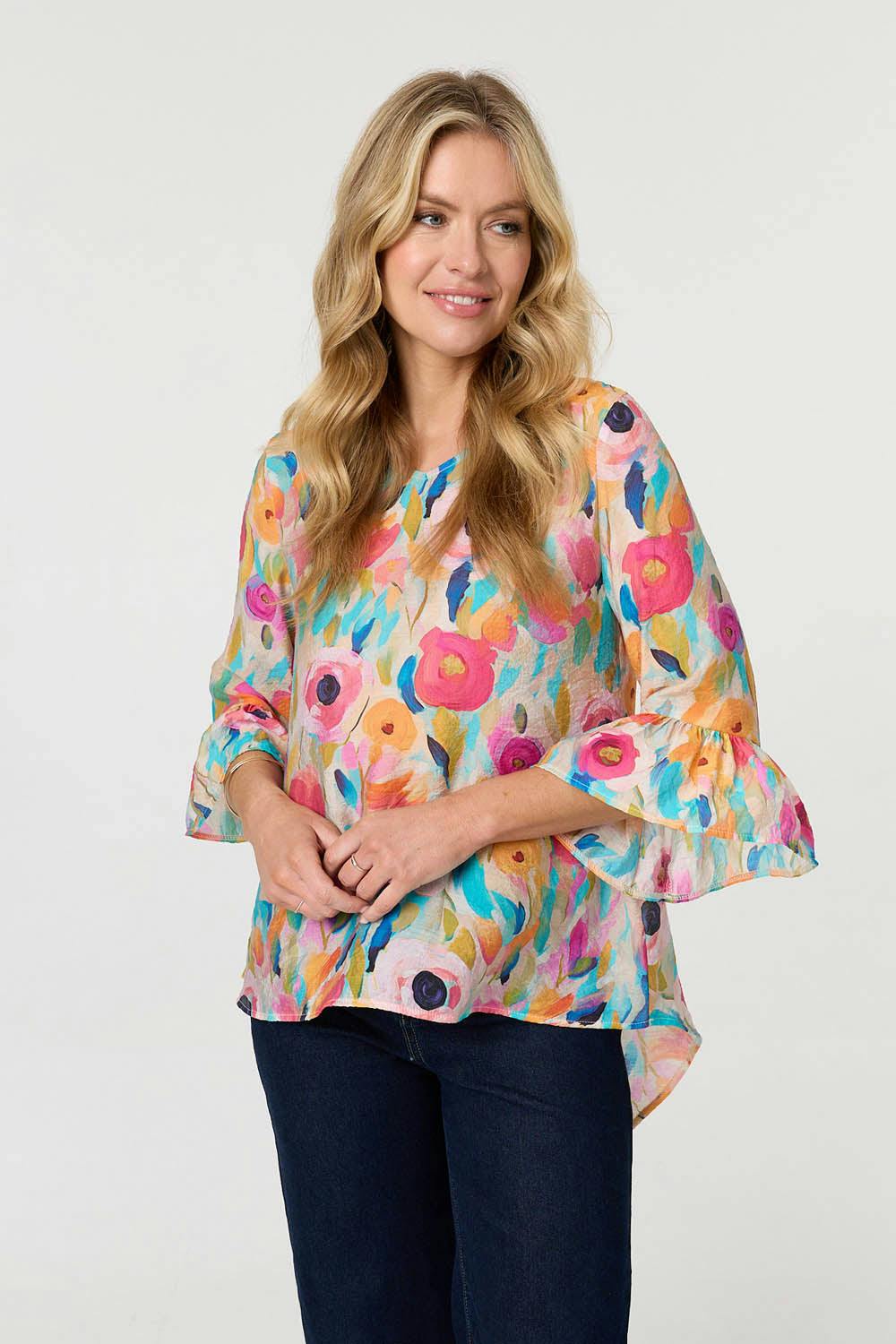 Izabel London Pink Abstract Floral 3/4 Flared Sleeve Blouse - 12