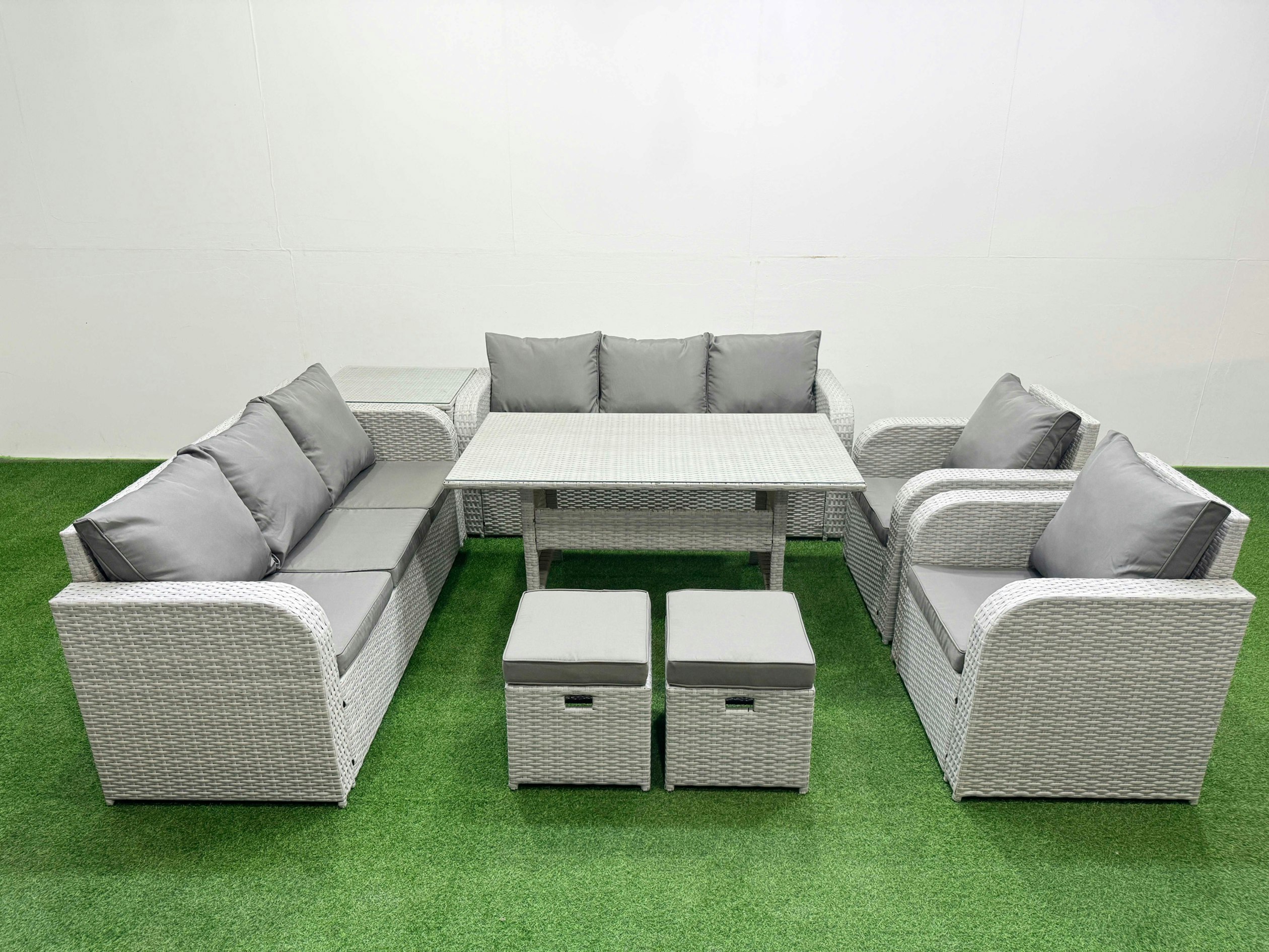Fimous Light/Grey Pe Rattan High Back Lounge Sofa Set Patio Rectangular Dining Table & Chairs Set With 3 Seater Sofa Reclining Chair Stools Side Table