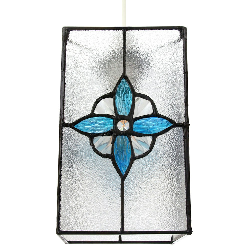Rackhams Light Traditional Clear Glass Tiffany Style Pendant Shade With Teal Panels