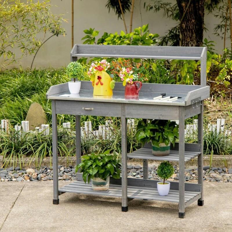 Outsunny Grey Garden Potting Table With Galvanized Metal Tabletop For Balcony | Wooden Workstation Bench, Drawer, Storage Shelves And Hooks, For Patios, Courtyards - Image 5