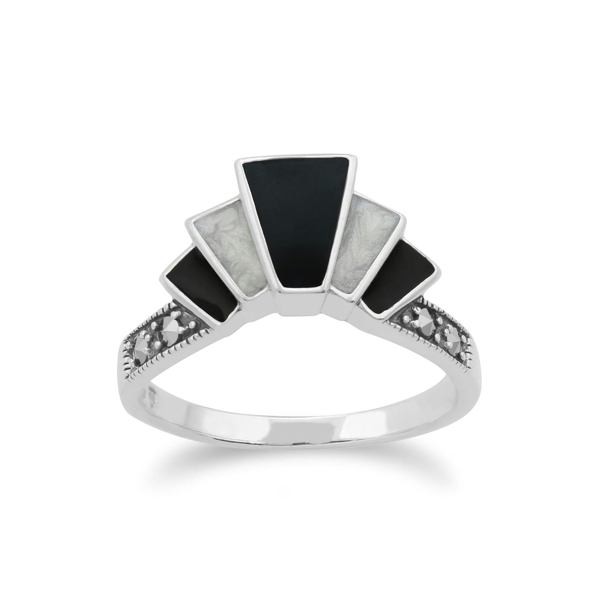 Gemondo Black/White/Silver Art Deco Style Marcasite & And Enamel Gradient Fan Ring In 925 Sterling - M
