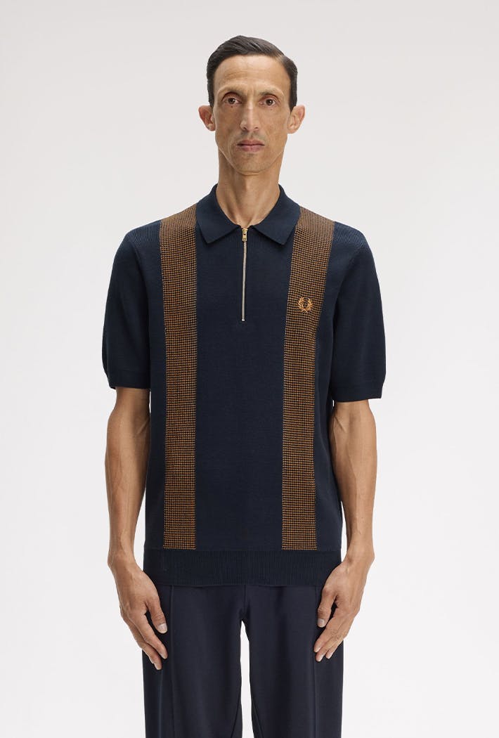 Fred Perry Panel Detail Knitted Shirt - Xxl - Navy