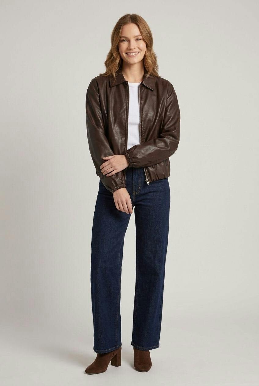 Izabel London Brown Faux Leather Collared Cropped Jacket - 8