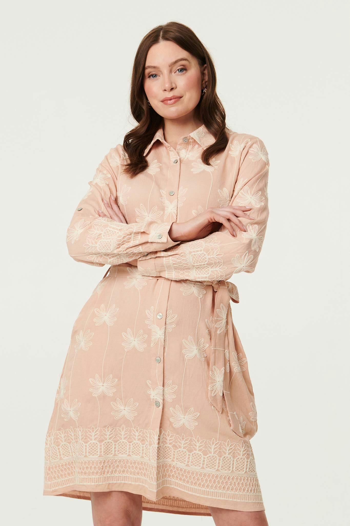 Izabel London Pink Floral Knee Length Tie Waist Shirt Dress - 16