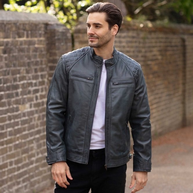 Ashwood Men's Grey 'Bronx' Leather Biker Jacket: 2101 - M - Leather