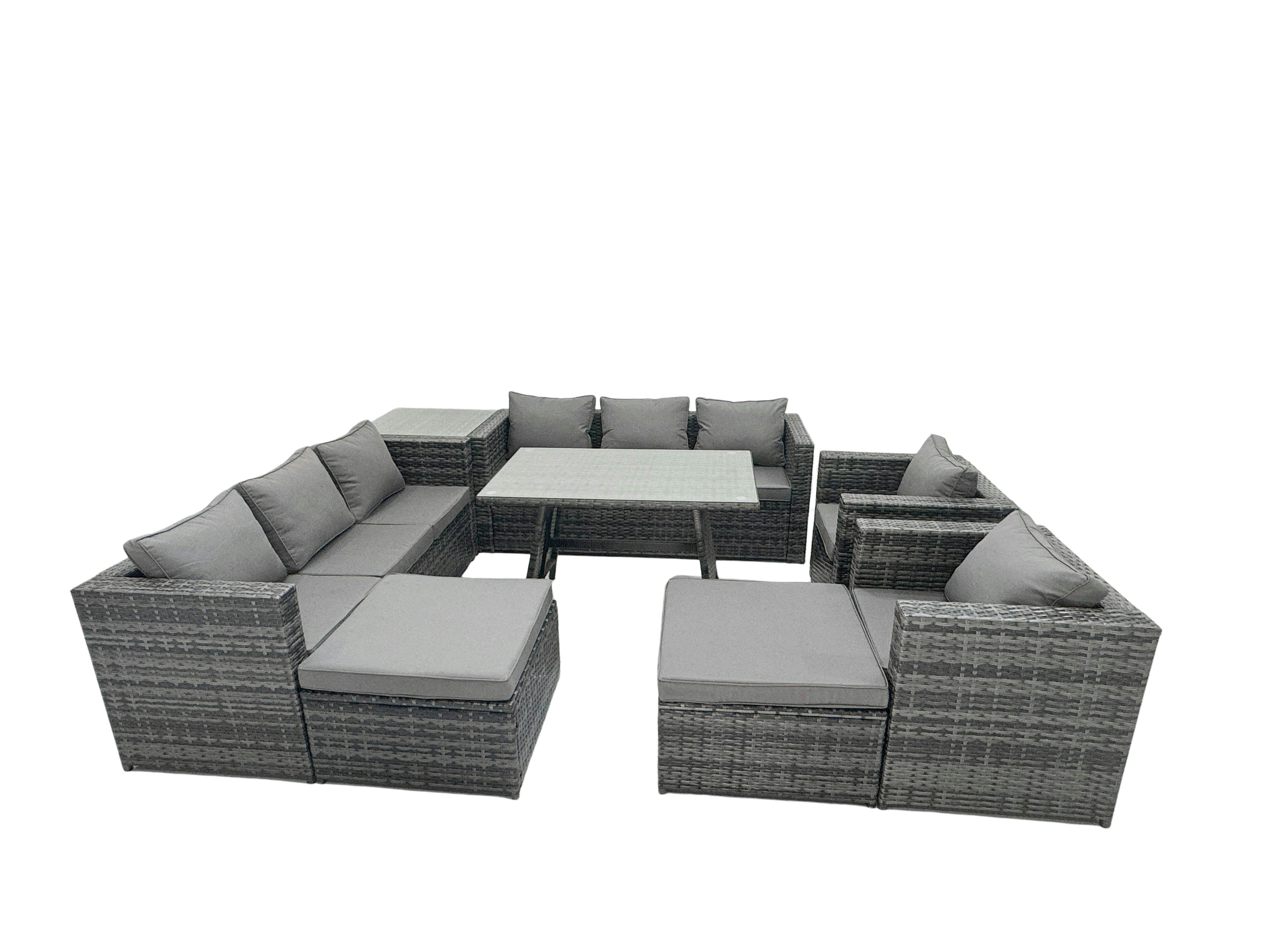 Fimous Dark/Grey Rattan Dining Table Sofa Set With Armchair Side Table 2 Big Footstools Outdoor 10 Seat Garden Furniture Set Mixed