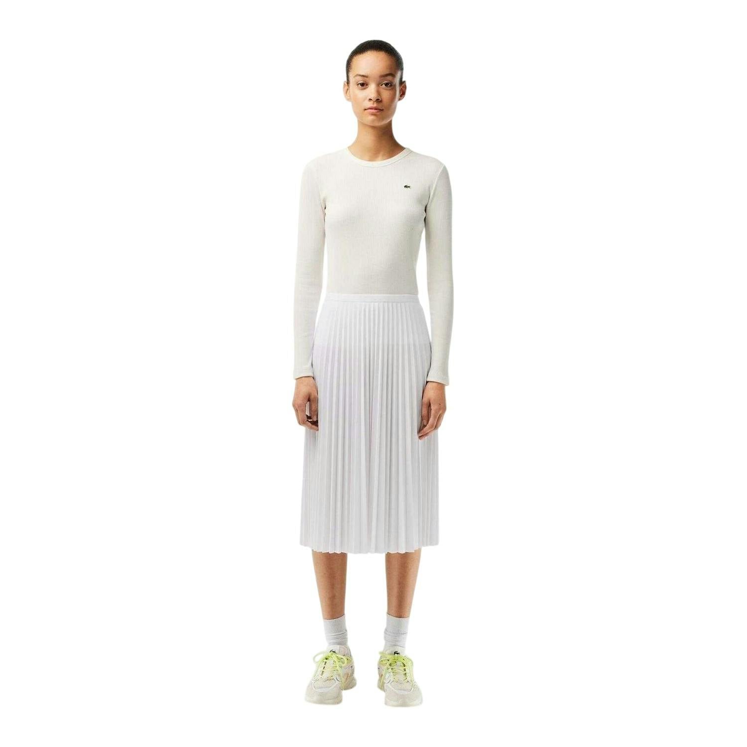 Lacoste Women's White Pleated Elasticated Waist Midi Skirt - 14 Uk - 100% Recycled Polyester