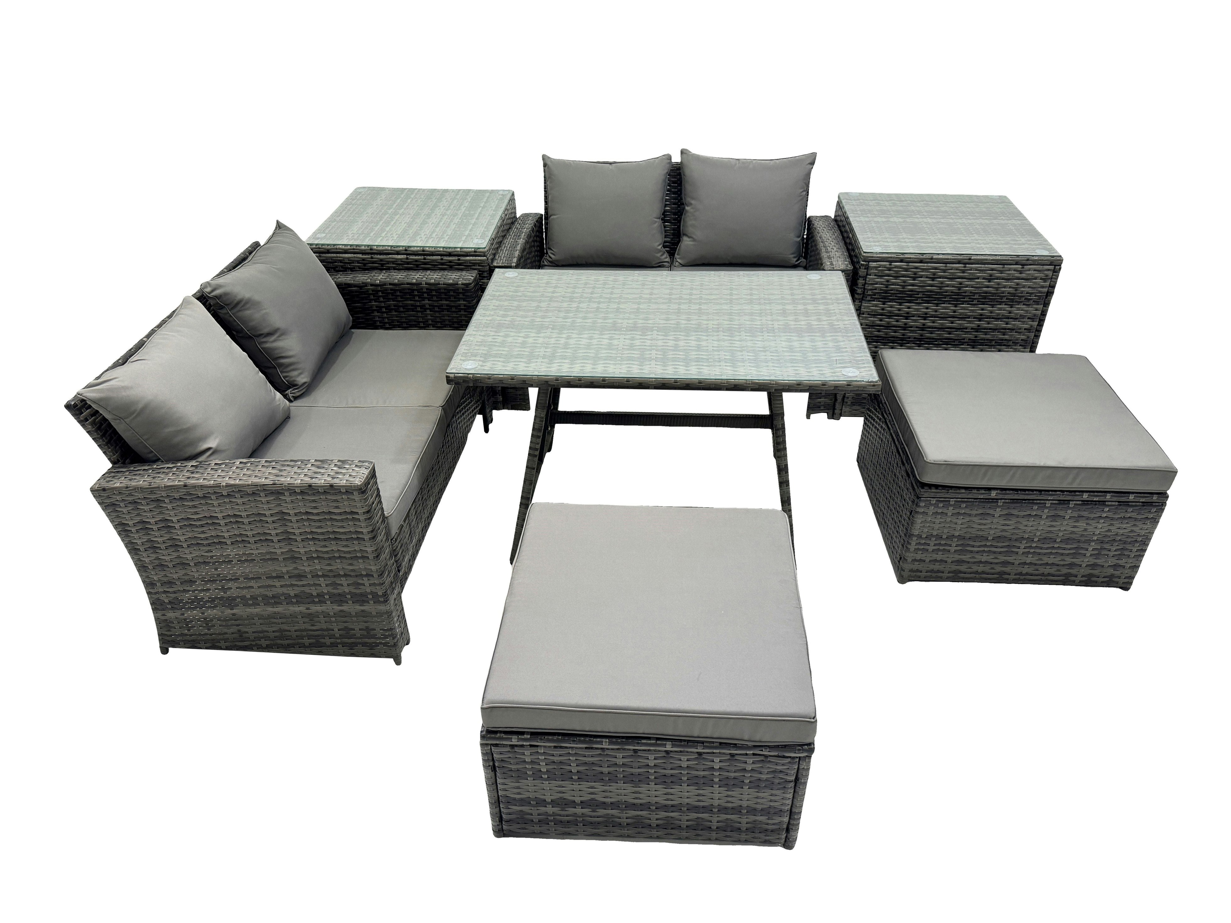 Fimous Dark/Grey 6 Seater Wicker Pe Rattan Furniture Outdoor Dining Table Double Seat Sofa 2 Big Stool 2 Side Table Set Mixed