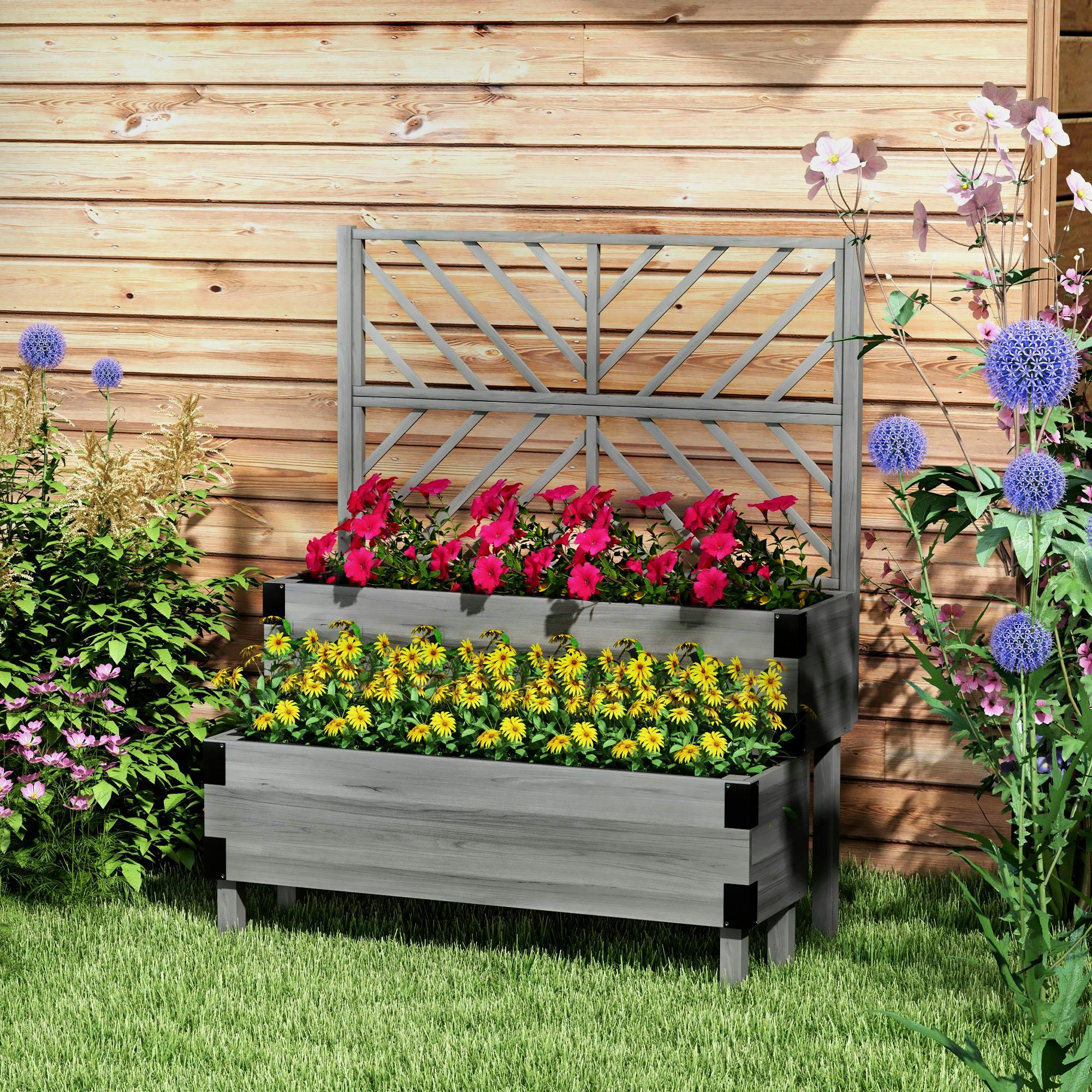 Rackhams 2-Tier Wooden Raised Bed With Trellis, Elevated Garden Planter