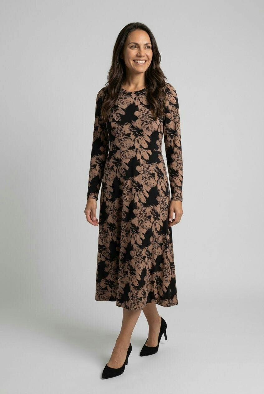 Izabel London Black Floral Long Sleeve A-Line Midi Dress - 14