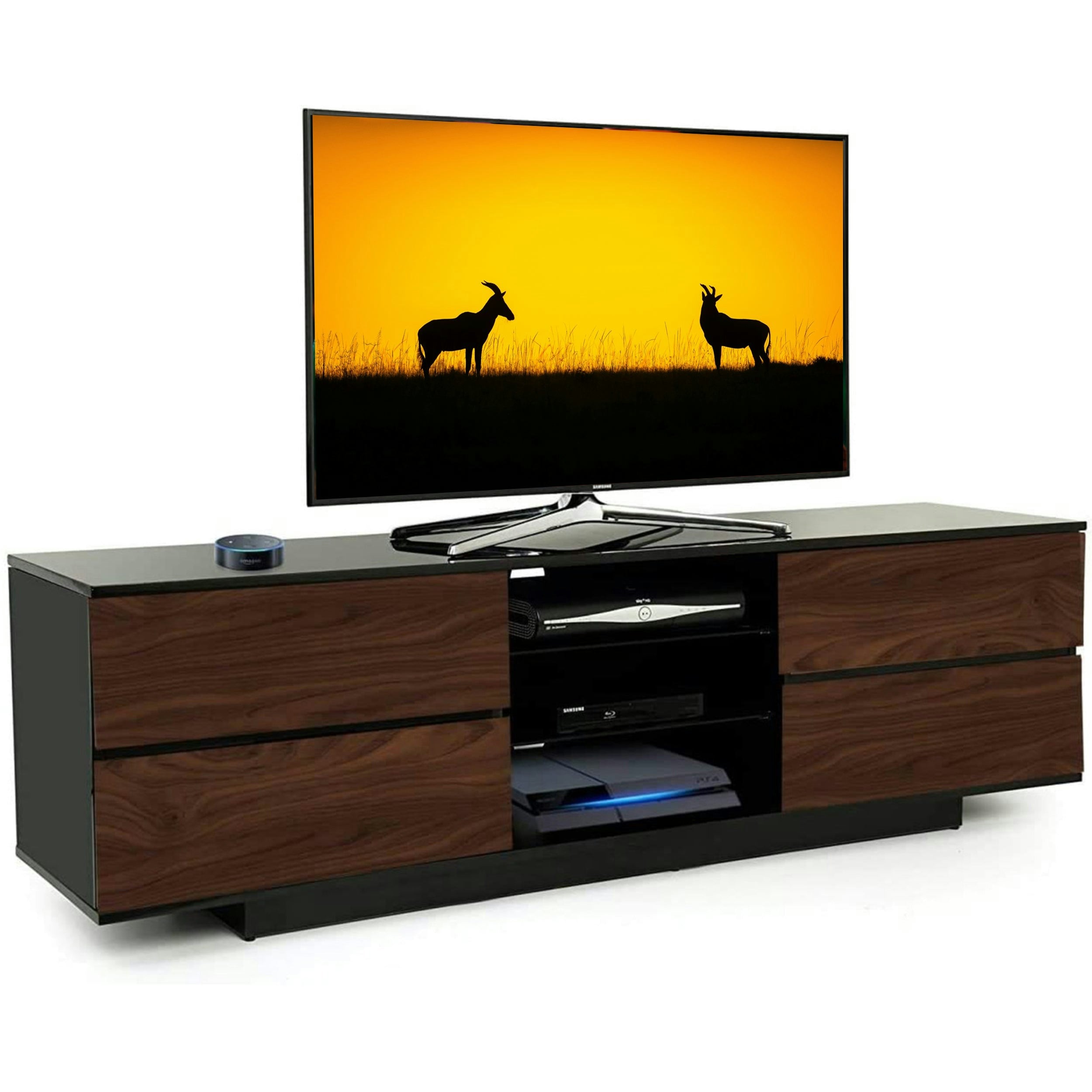 Rackhams Black Avitus Gloss With 4-Walnut Drawers And 3-Shelf 32"-65" Led/Lcd/Plasma Tv Stand