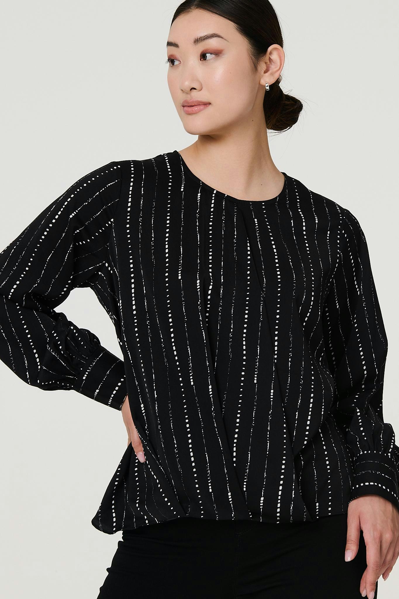 Izabel London Black Stripe Print Long Sleeve Blouse - 10