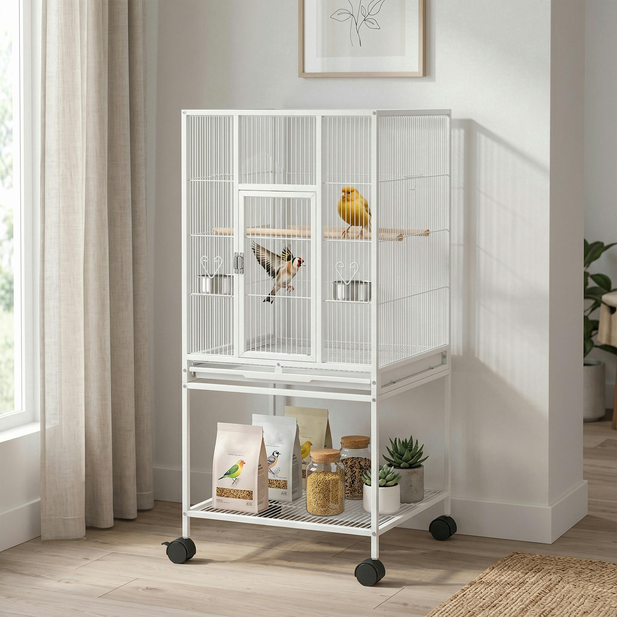Pawhut White Bird Cage Detachable With Rolling Stand