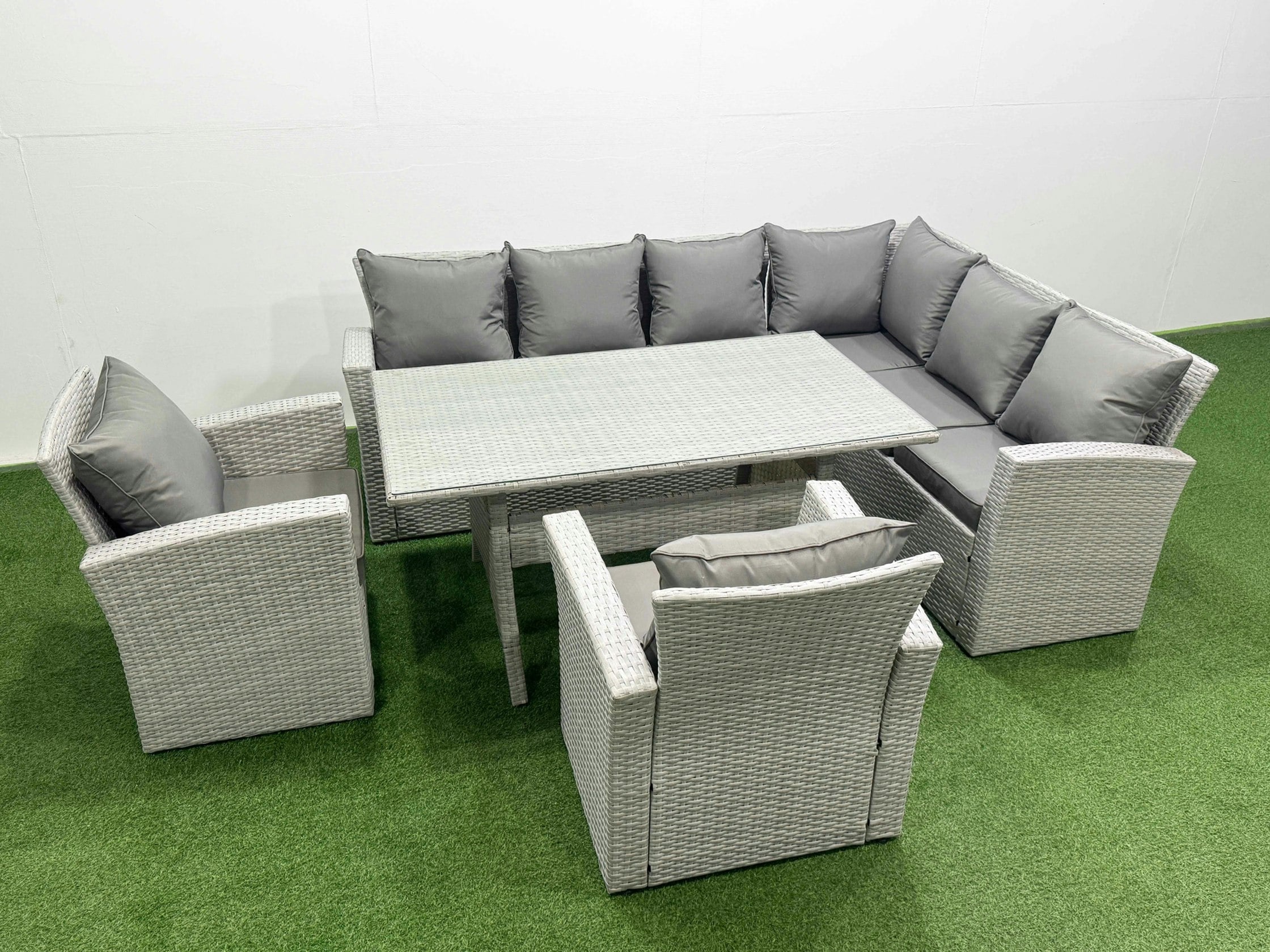 Rackhams Light/Grey Rattan Garden Furniture Set Outdoor 8 Seater Patio Dining Corner Sofa Sets With Dining Table Chair Mixed