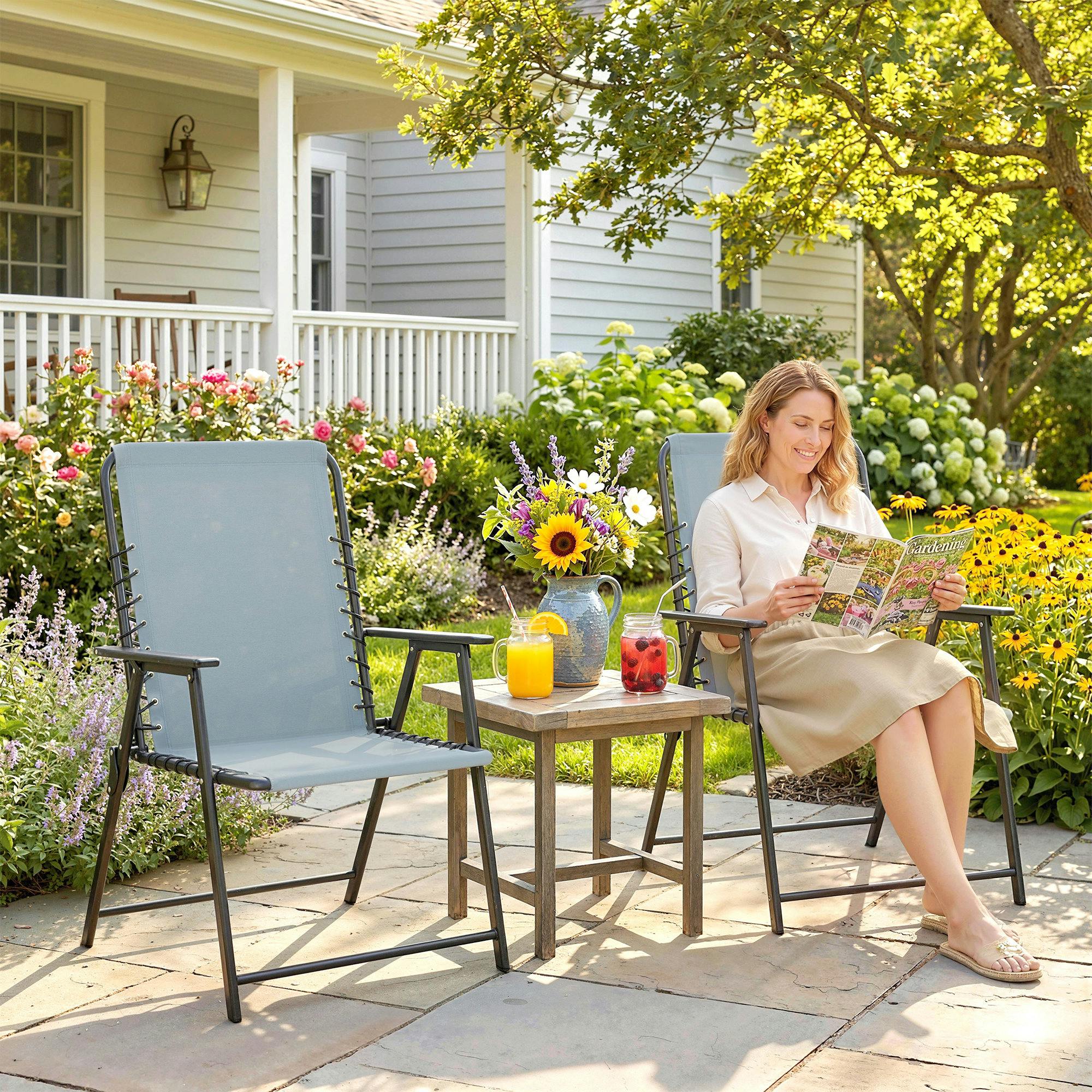 Outsunny Light/Grey Folding Garden Chairs, Outdoor Chairs Set - Folding Garden Chairs - Set Of 2