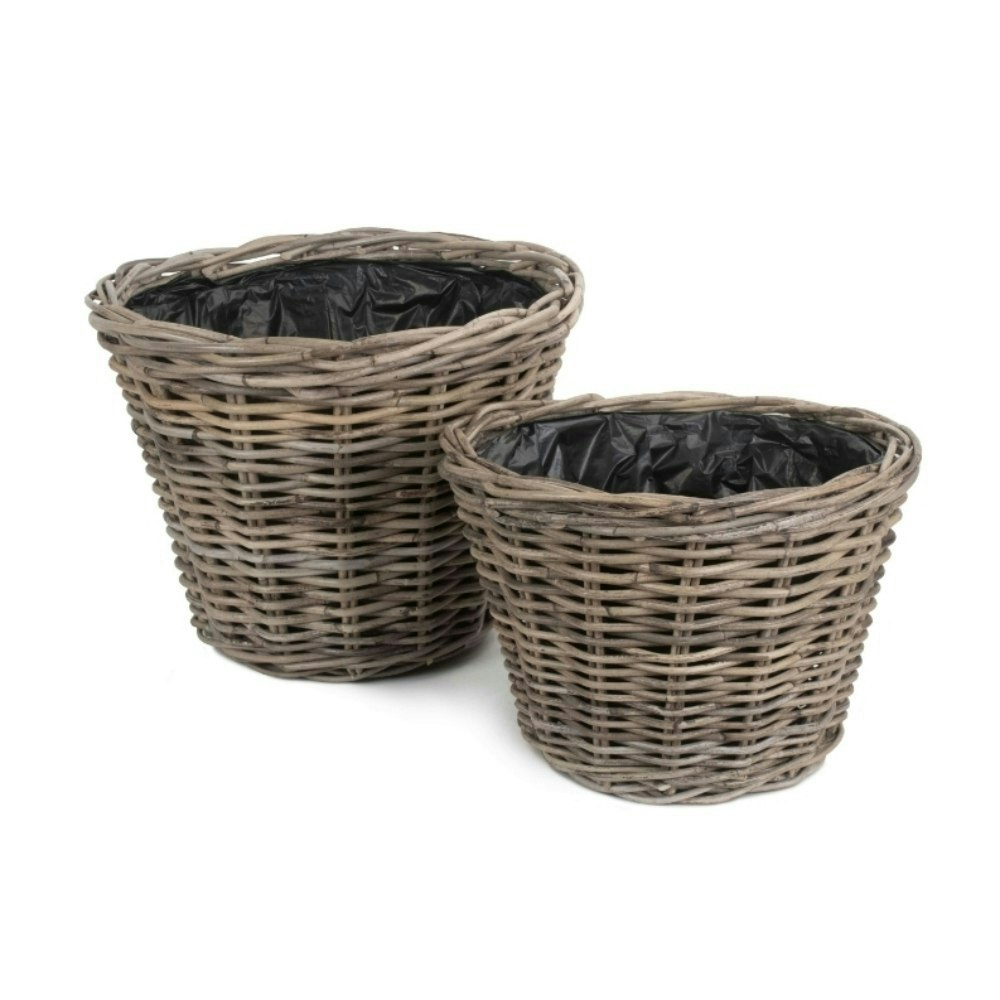 Red Hamper Tape Rattan Round Planter With Plastic Lining - Set Of 2 - Rattan