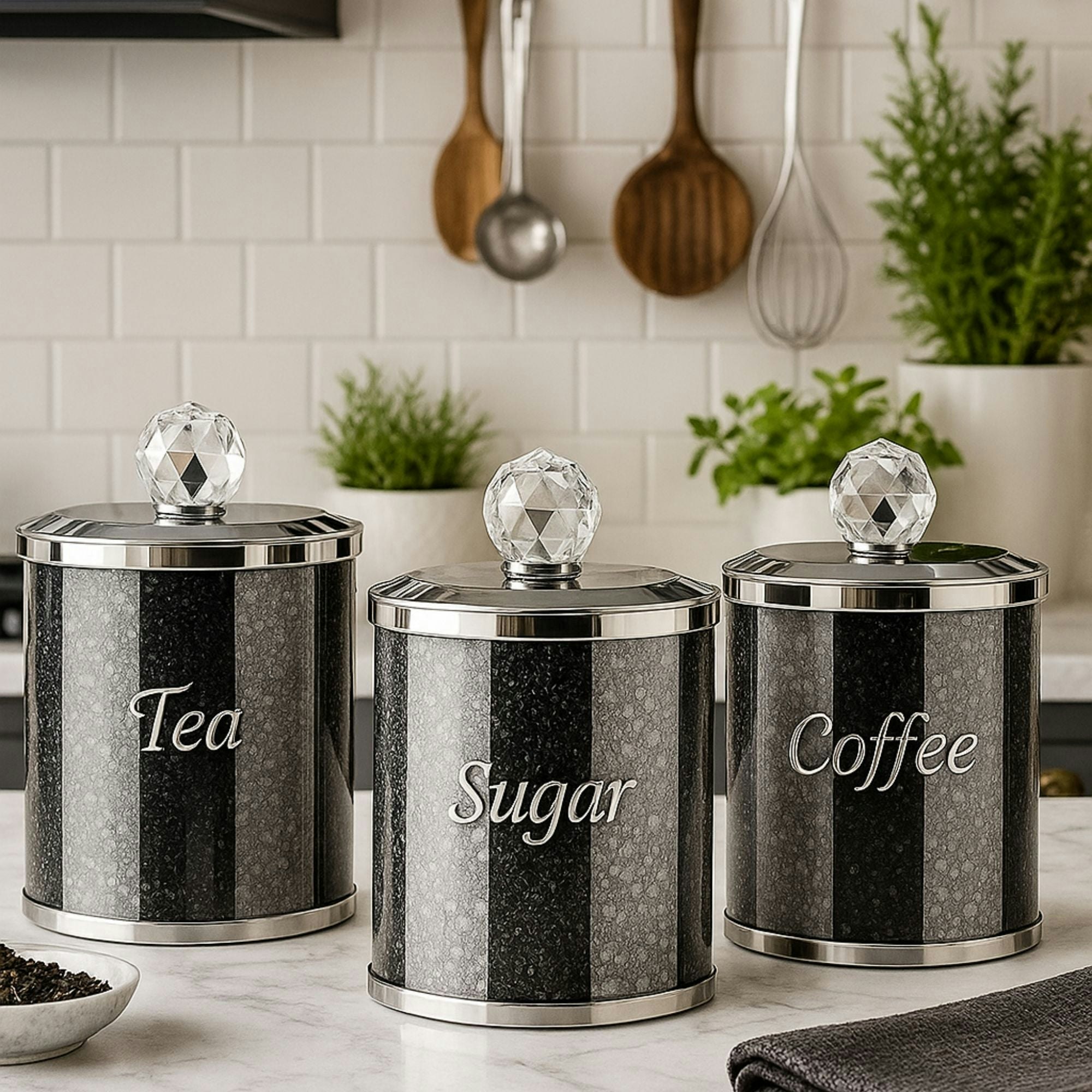 Smartbies 3-Piece Crystal Canisters Crushed Diamond Glass Tea, Coffee & Sugar Jars