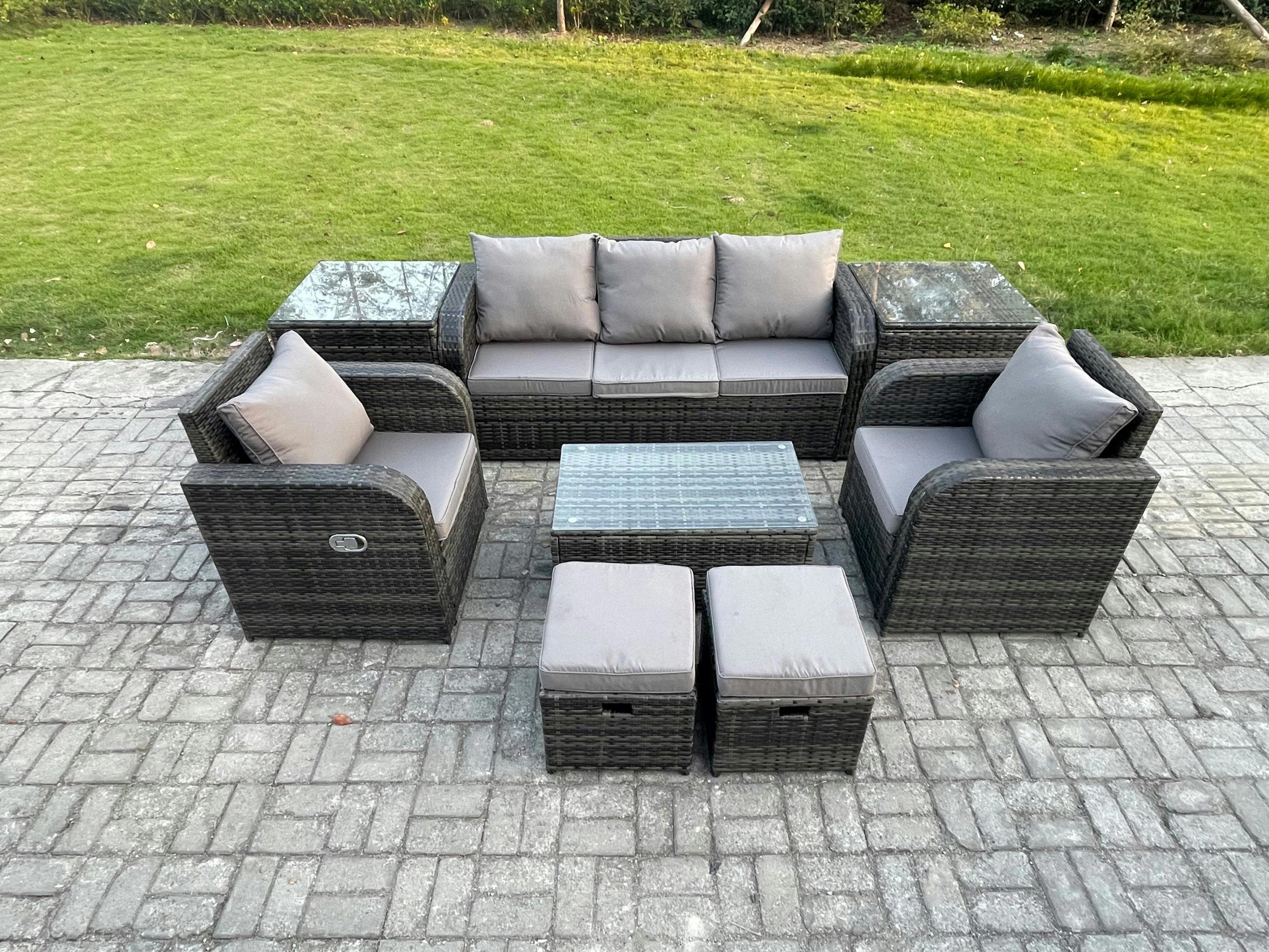 Fimous Dark/Grey 7 Seater Rattan Garden Set, Patio Outdoor Lounge Sofa, Coffee Table, 2 Small Footstools, 3 Seater Sofa And 2 Side Tables, Mixed