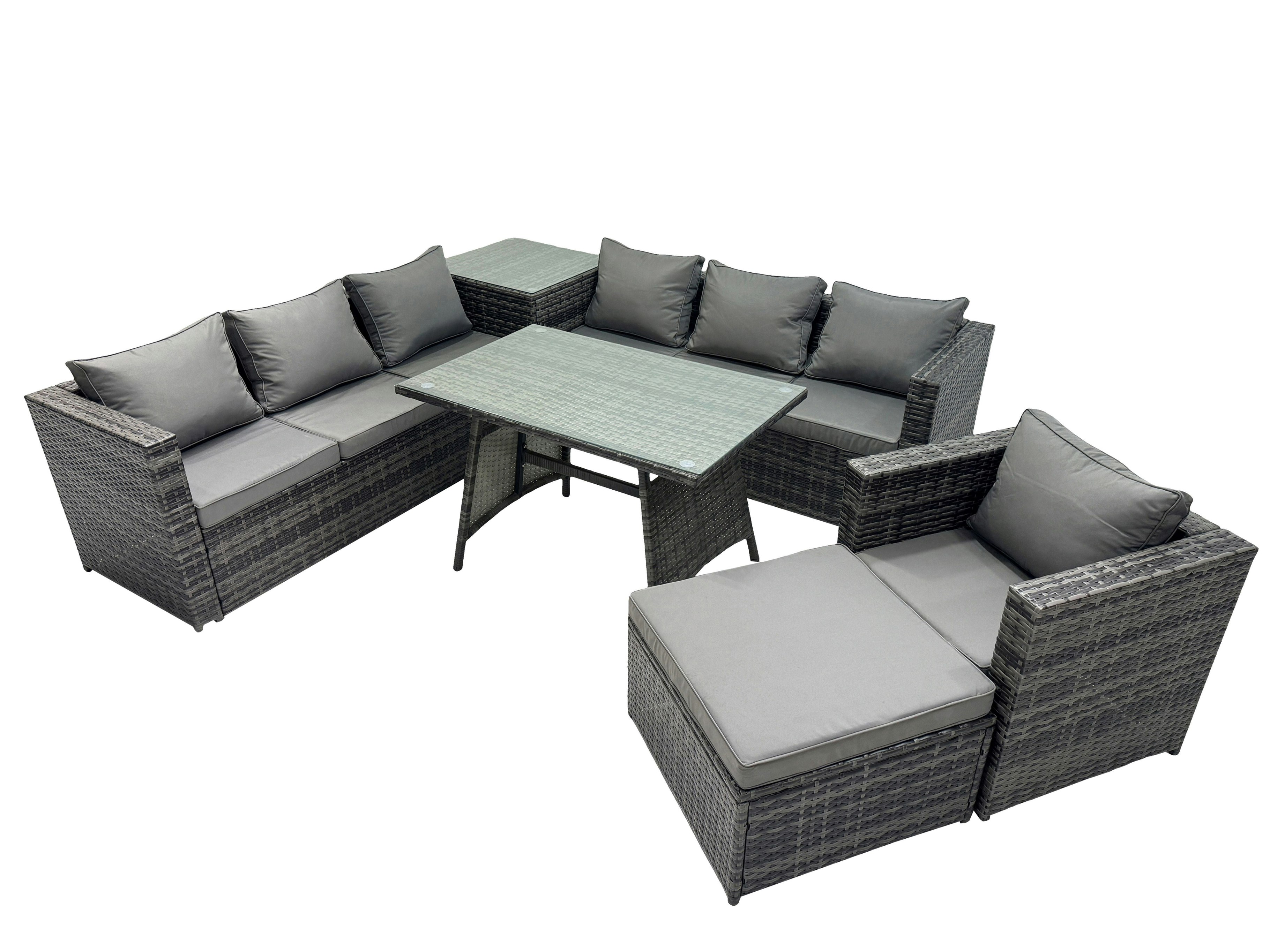 Rackhams Dark/Grey Outdoor Corner Sofa Chair Dining Table Set Garden Rattan Furniture Set 8 Seater With Side Table Big Stool