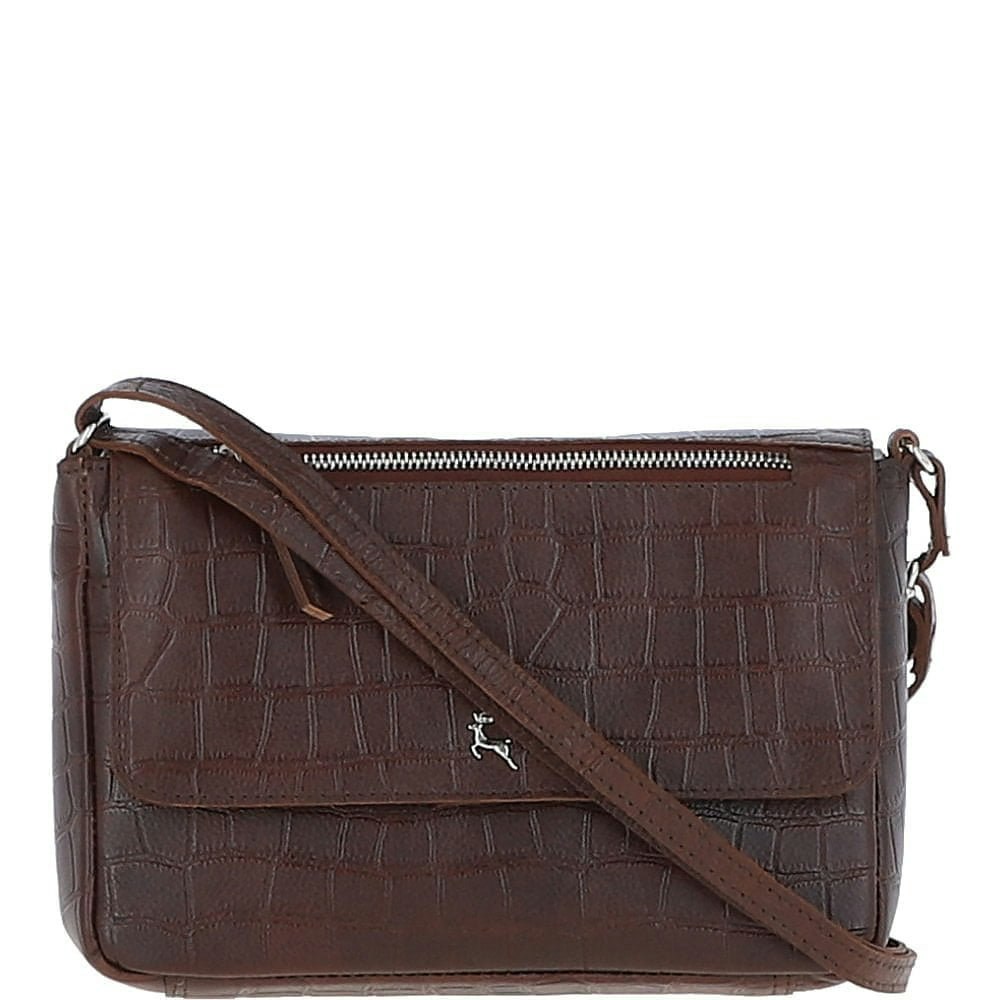 Ashwood Women's Brown Valentina Flap Over Croc Print Real Leather Shoulder Bag: Mc5 - One Size - Brandy - Leather