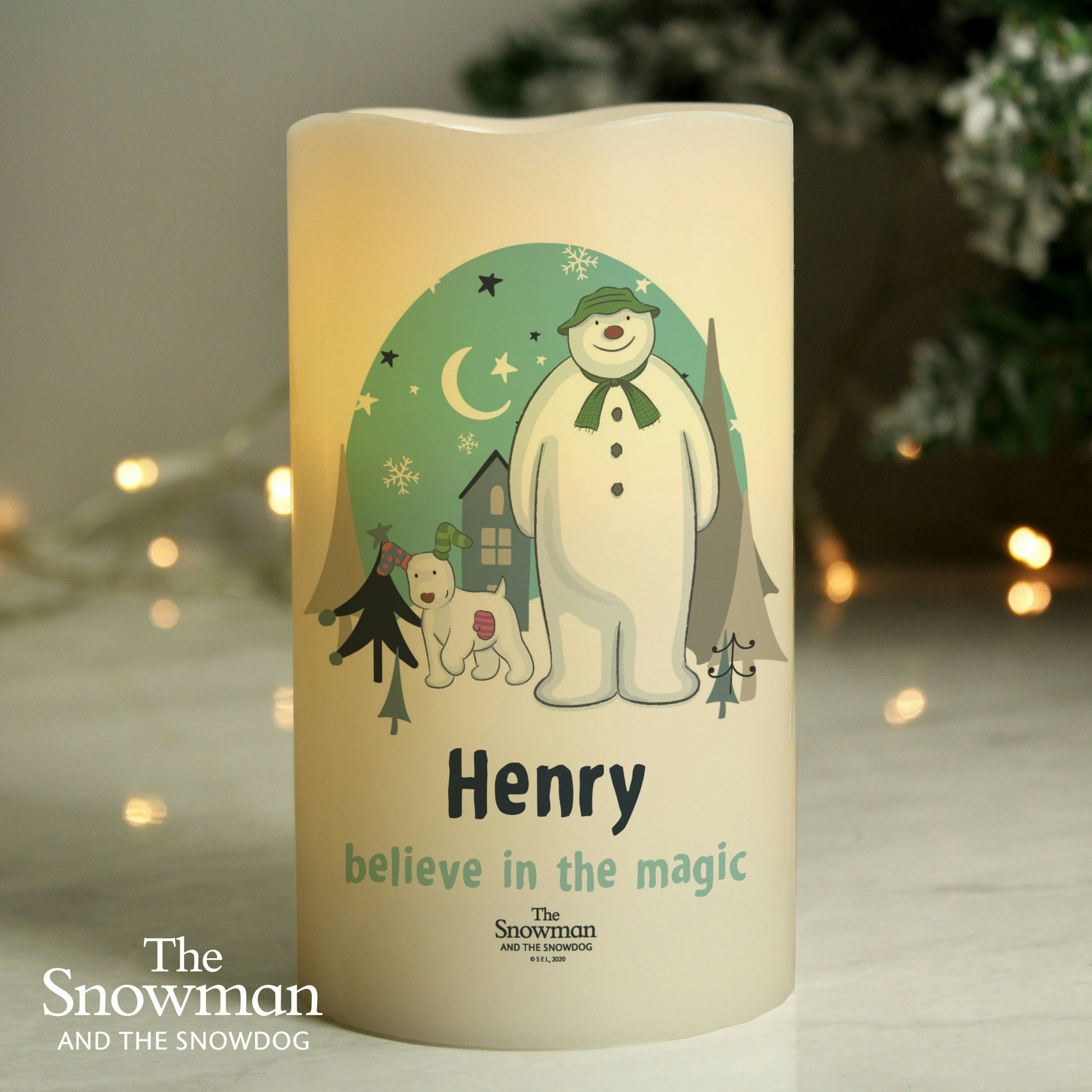 Personalised Memento Company Light Personalised The Snowman And The Snowdog Led Candle