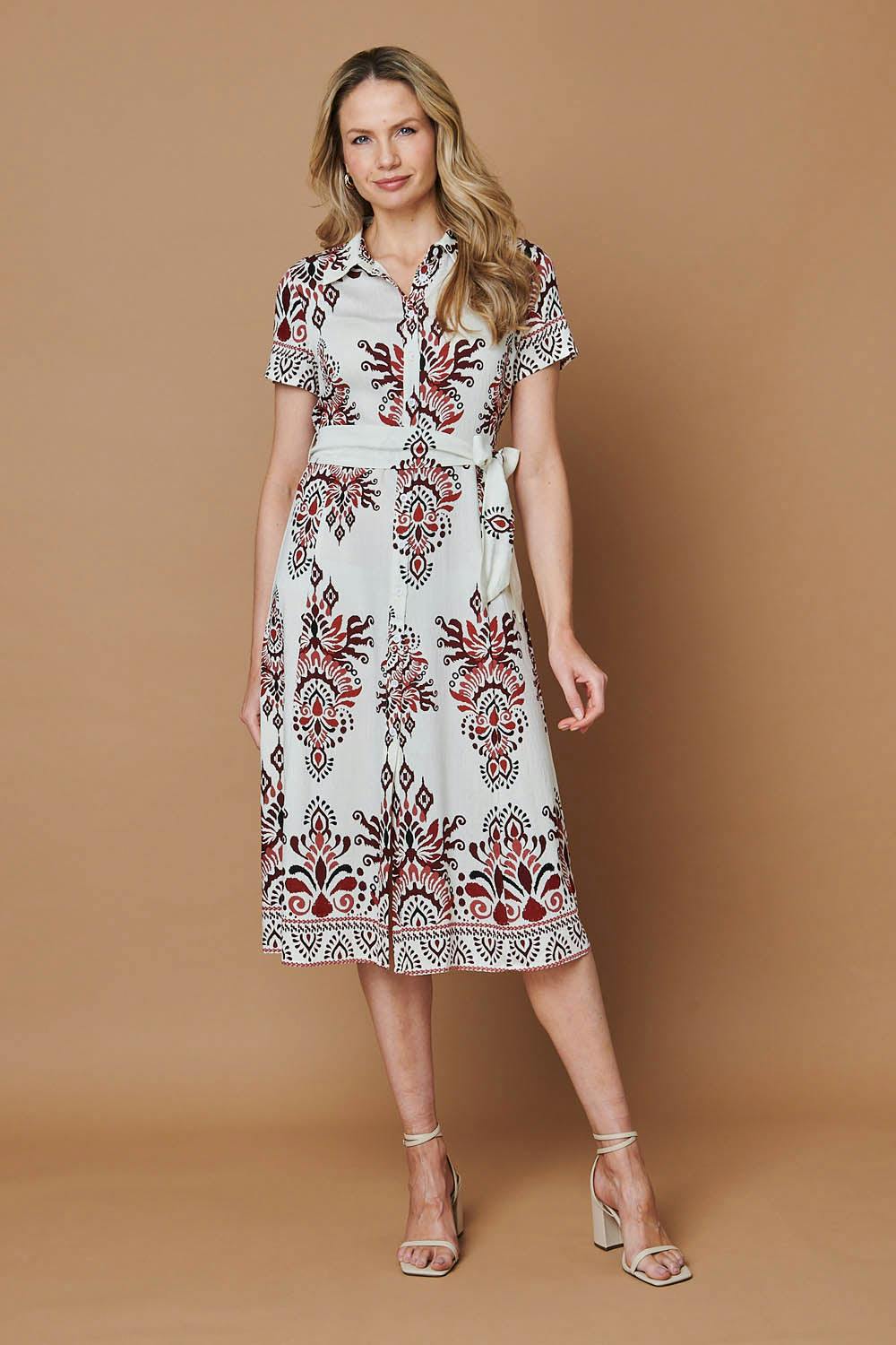 Izabel London Red Border Print Short Sleeve Midi Dress - 10