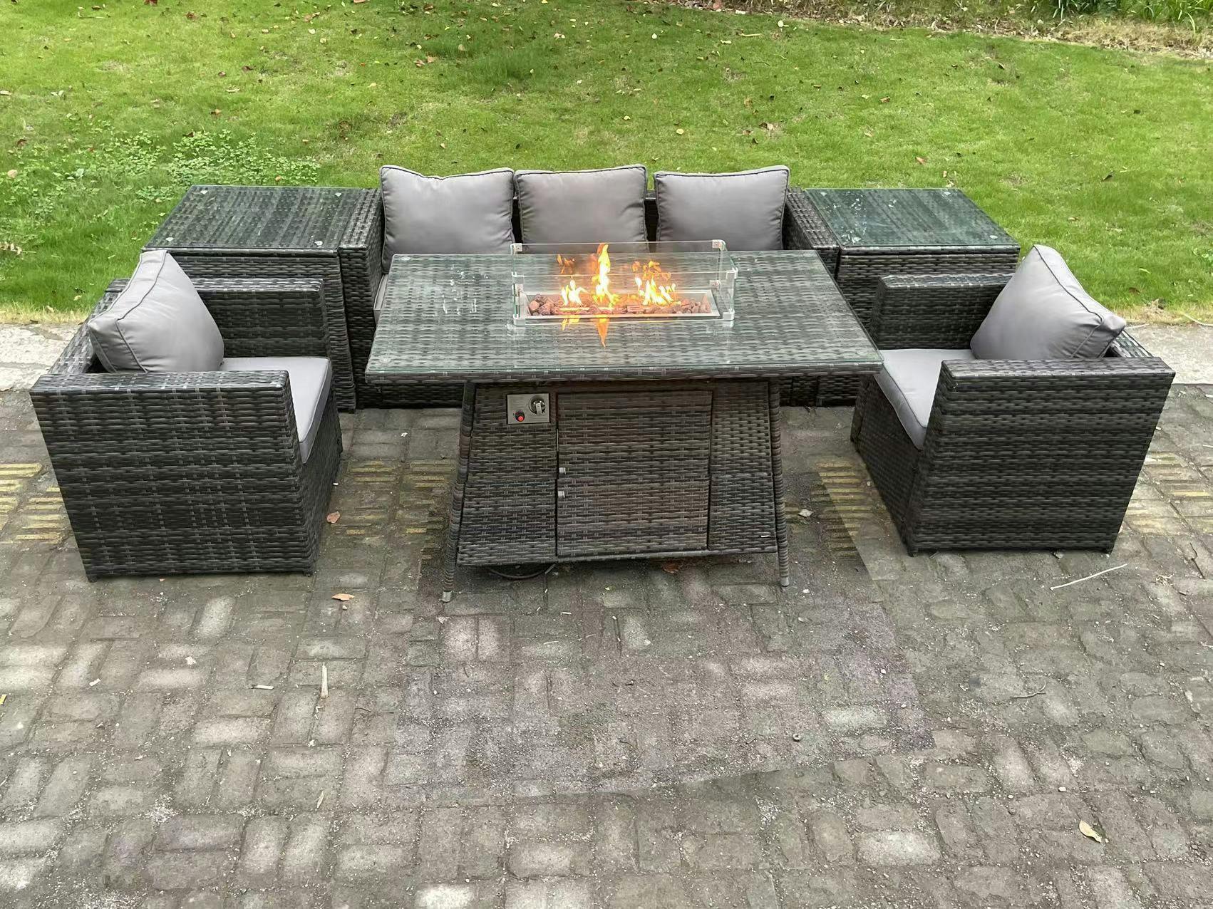 Rackhams Dark/Grey 5 Seater Pe Rattan Garden Furniture Patio Set, Gas Fire Pit Dining Table, Sofa, Armchairs, Big Footstool, Mixed
