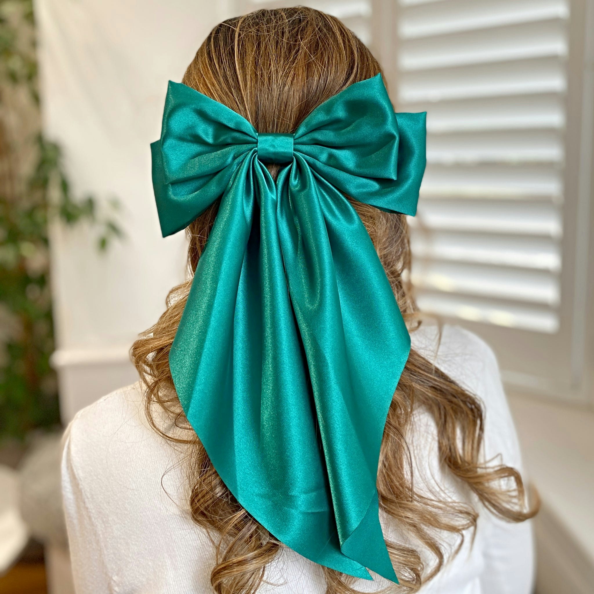Queenmee Accessories Green Satin Hair Bow Hair Clip Long Bow