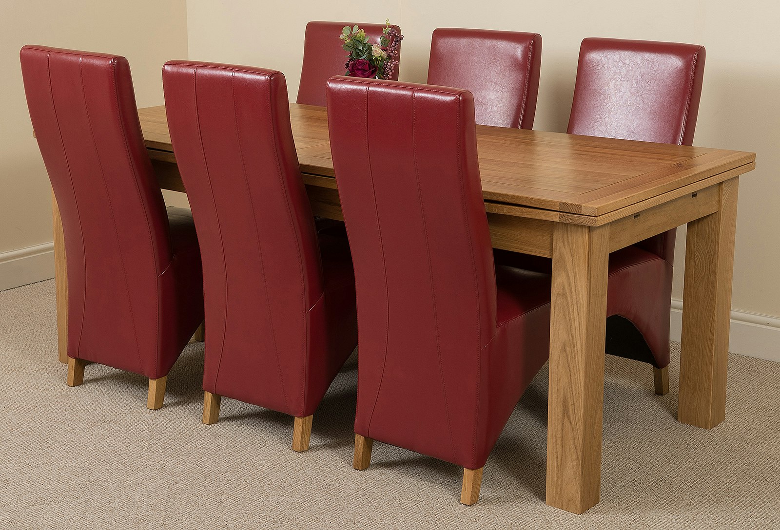 Rackhams Burgundy Richmond Large Oak Extending Dining Table With Lola Leather Chairs - 6 Chairs