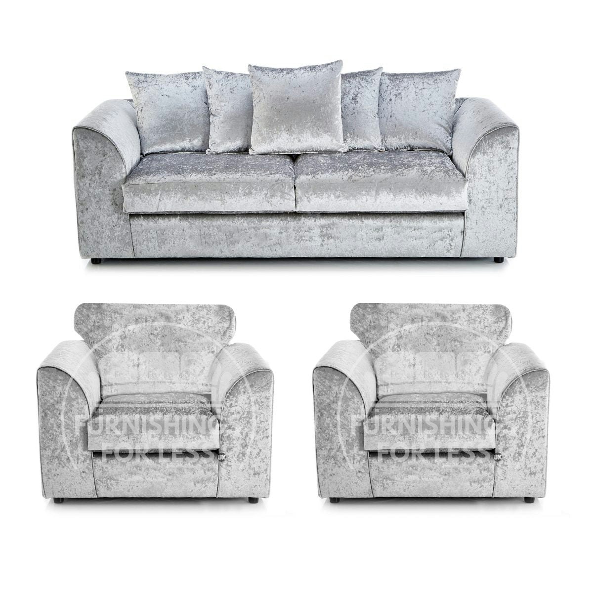 Furnishings For Less Silver Crystal Crushed Velvet 3 Seater And 2 Armchairs Scatter Back