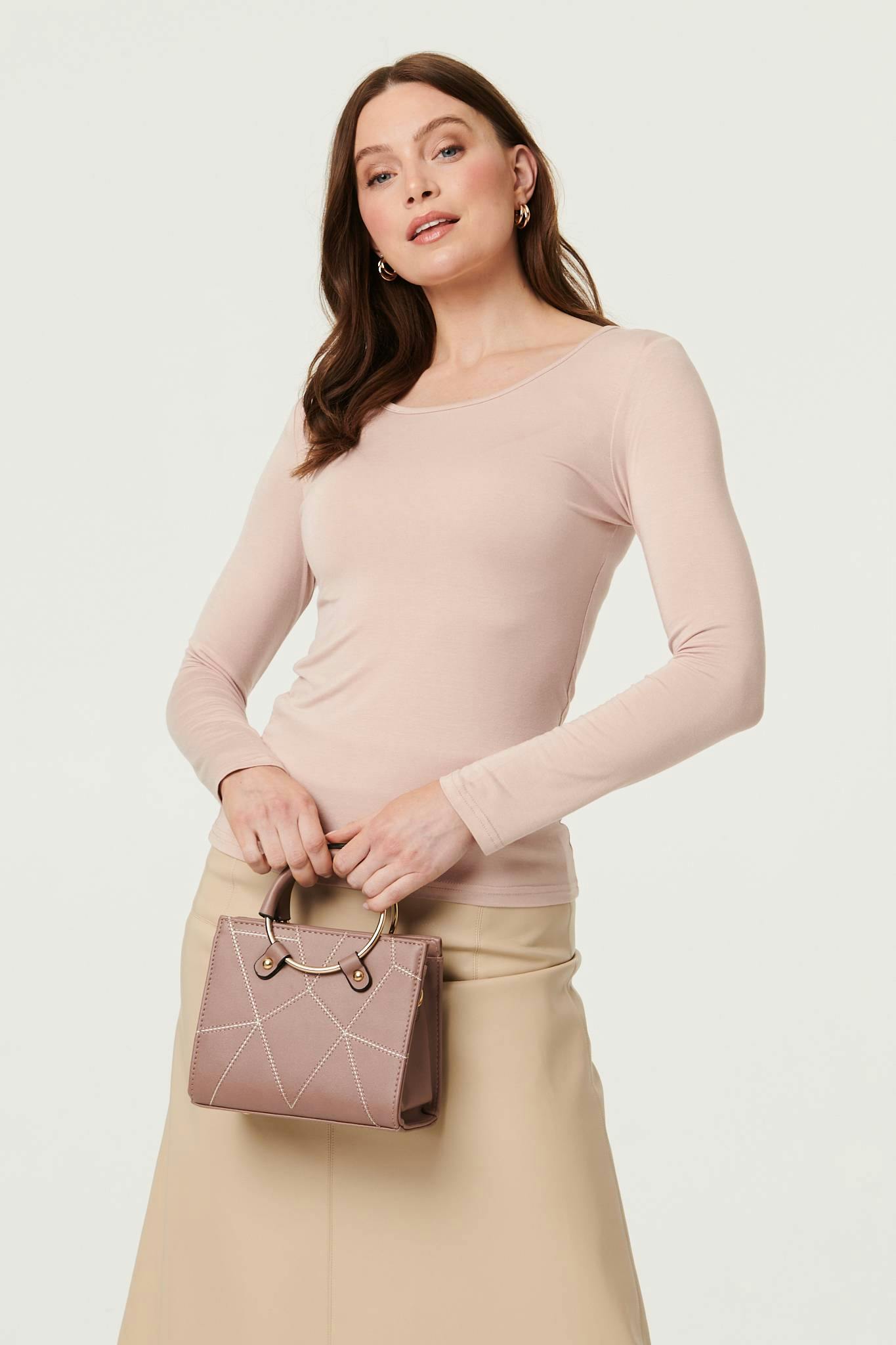 Izabel London Long Sleeve Slim Scoop Neck Top - 16 - Stone
