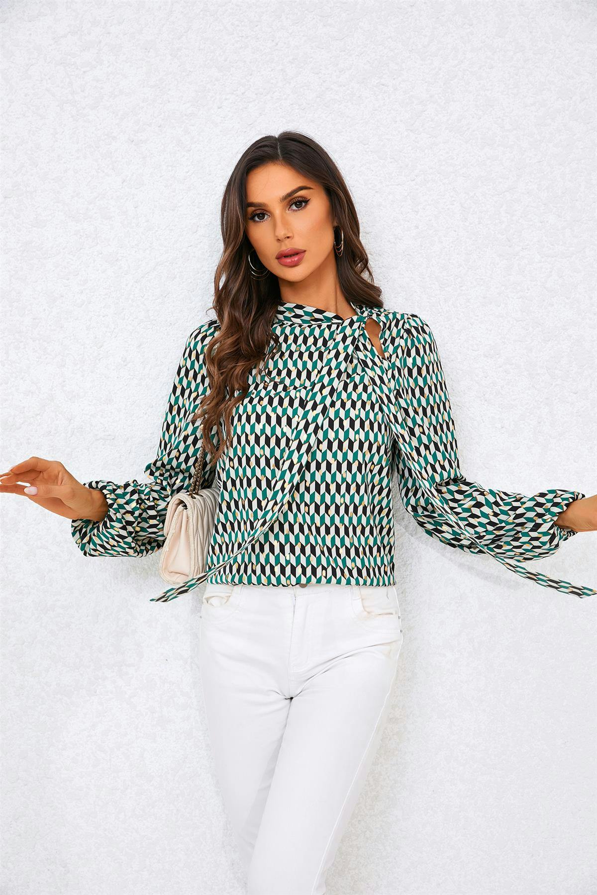 Fs Collection Green Geo Print Side Tie Blouse Top In - Xl
