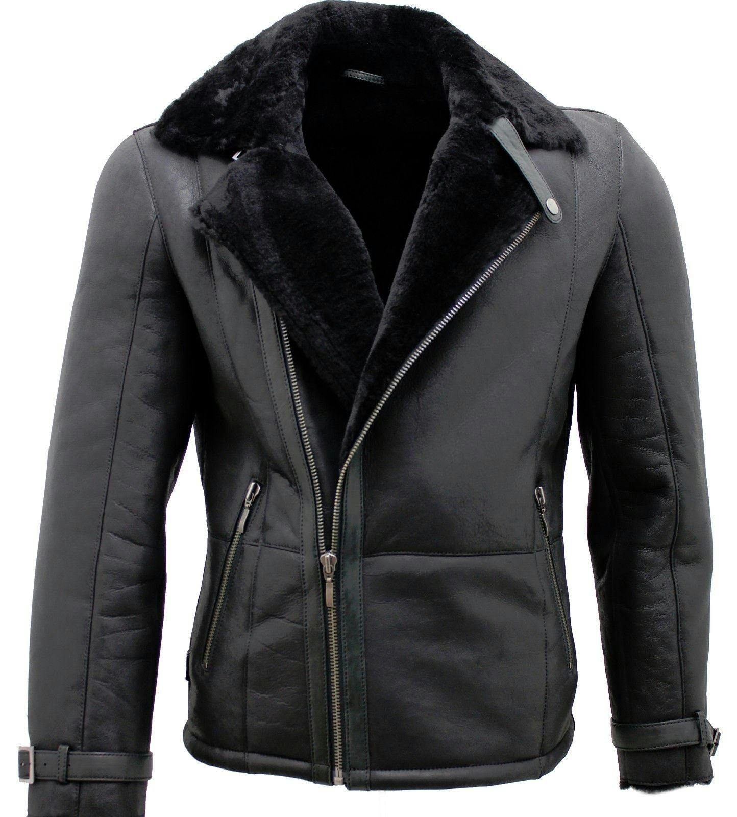 Infinity Leather Men's Black Double Breasted Sheepskin Leather Biker Jacket-Manila - Uk 3XL | Eu 56 | Us 46